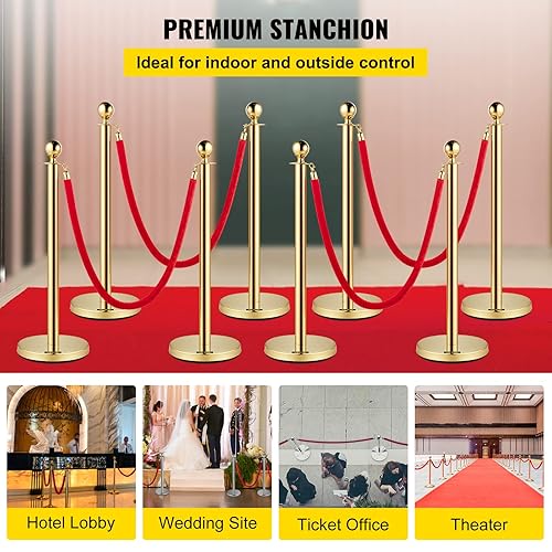Miniatura 2 de VEVOR Juego de 8 puntales de control de multitudes, juego de puntal con cuerda de terciopelo rojo de 5 pies, barrera de control de multitudes dorada