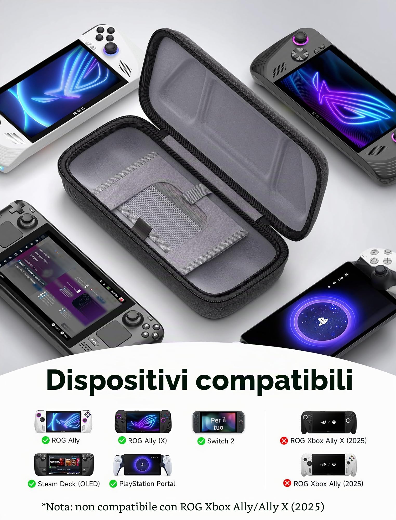 JSAUX Custodia per Steam Deck/ROG Ally/ROG Ally X, Custodia Protettiva a Guscio Rigido con Scomparti per Caricatore e Docking Station, Custodia da Viaggio Portatile per Console e Accessori-BG0106X