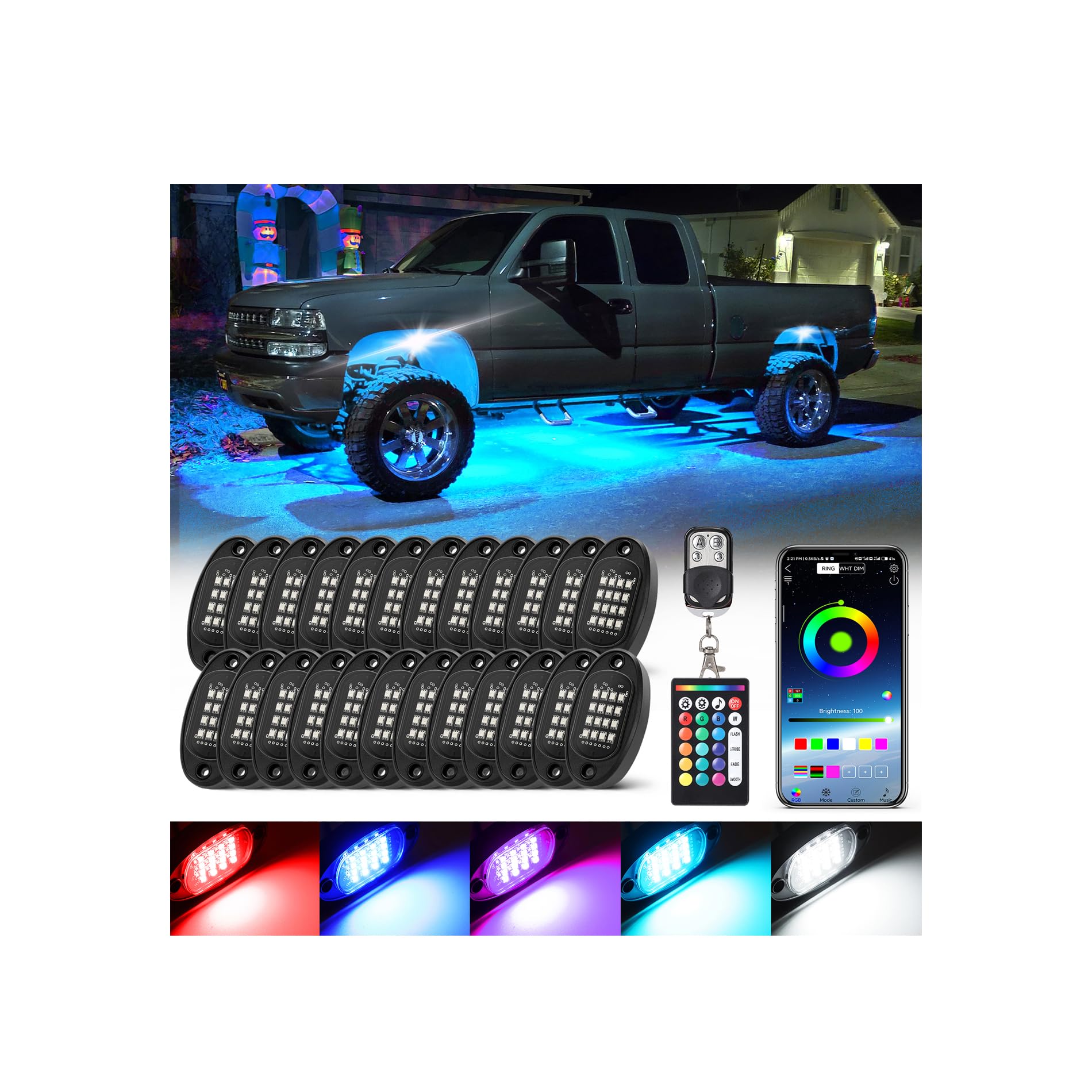 RGB LED Rock Lights Kit, 24 Pods Rock Lights for Semi Truck Offroad Pickup RV Trailer Boat, Waterproof Multicolor Underglow Kit for Truck with APP Remote Control Music Neon Vehicle Underbody Light 12V