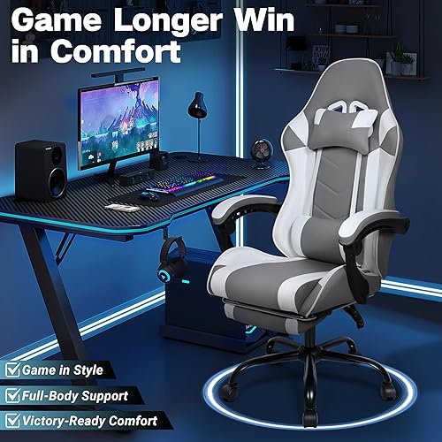 Miniatura 3 de Silla de juegos, silla ergonómica para computadora con reposapiés y soporte lumbar, silla de oficina ajustable en altura con asiento giratorio de