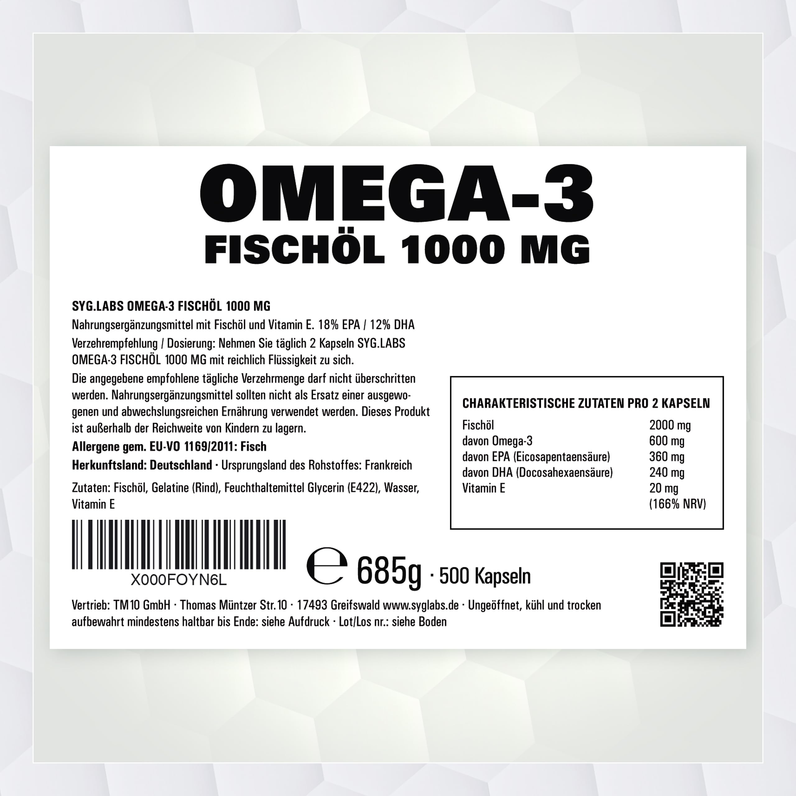 Syglabs Omega 3 Fischöl 1000mg - 500 Kapseln - mit 2000mg pro Tagesdosis - enthält 360 mg EPA & 240mg DHA - hochwertige Omega-3 Fettsäuren - laborgeprüft
