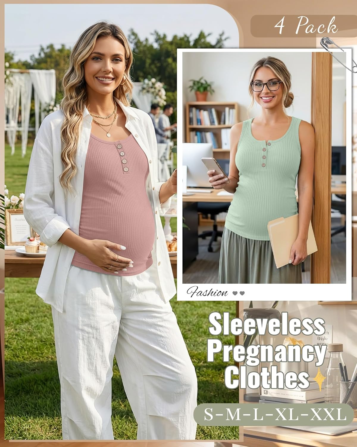 4 Pack Women's Maternity Tank Tops Henley Cotton Scoop Neck Shirt Ribbed Side Ruched Sleeveless Pregnancy Clothes - Image 4