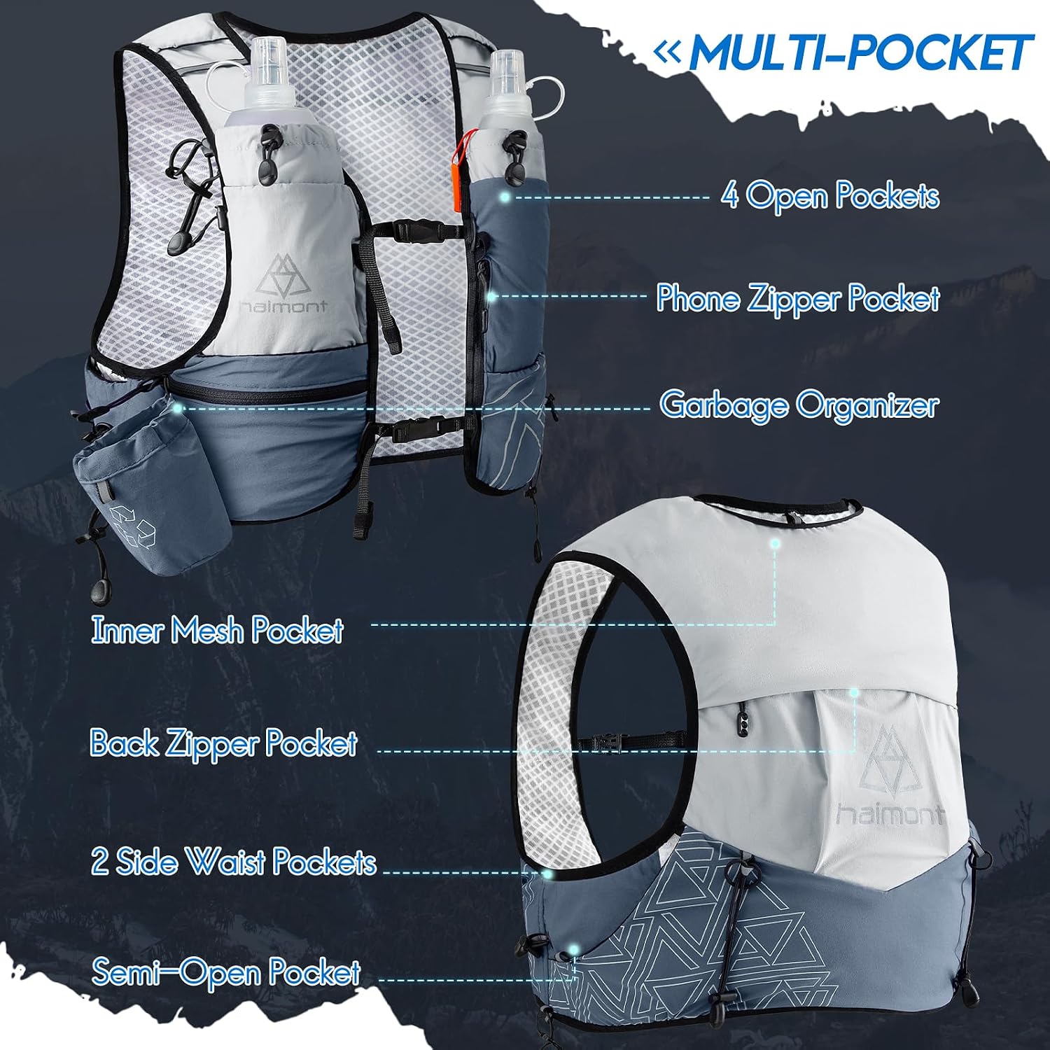 Haimont Hydration Running Vest with Water Bottles for Women Men, Adjustable Lightweight 8L Water Backpack with Soft Flasks for Trail Running