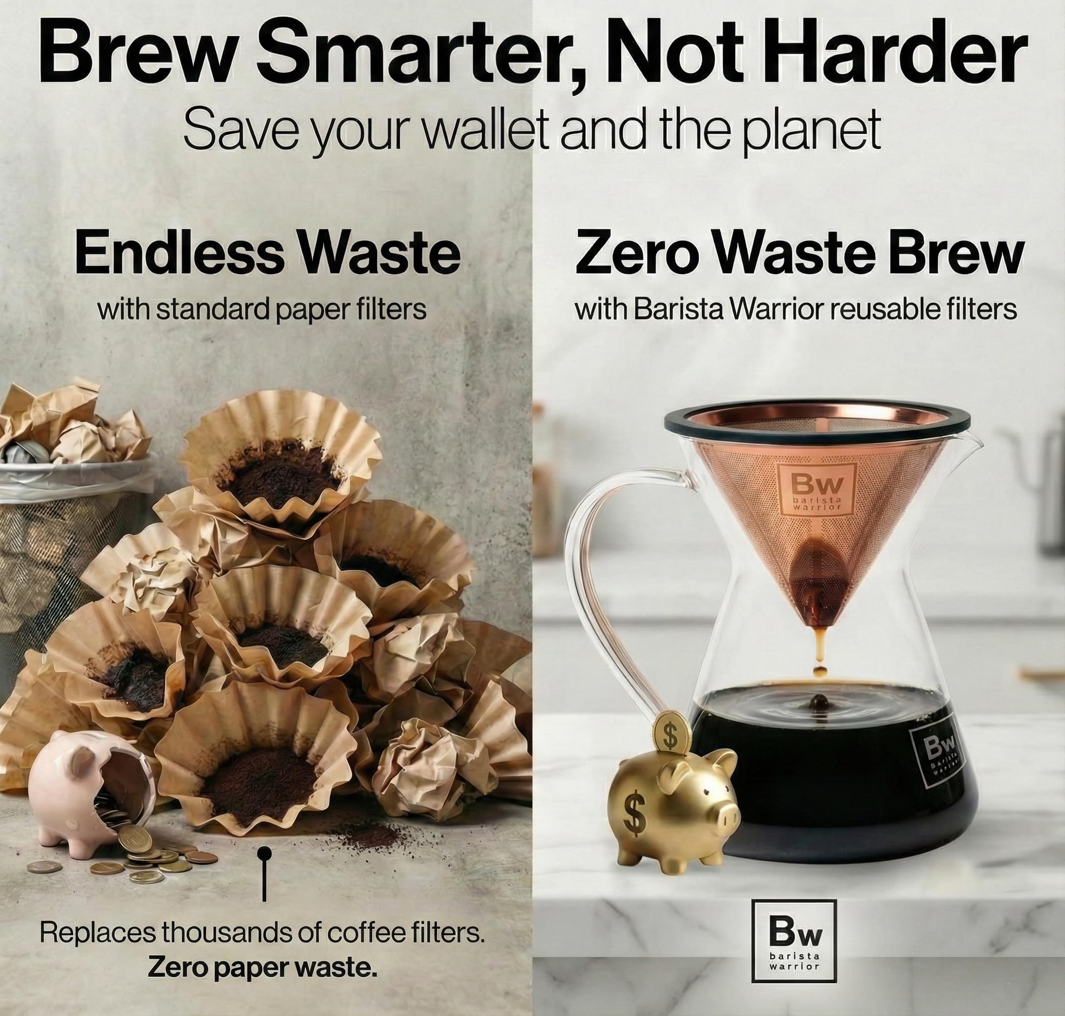 Barista Warrior Wiederverwendbarer Kaffeefilter – Edelstahl zum Übergießen, kompatibel mit Chemex, Hario V60 und Tropfern, leicht zu reinigen, aromatischer Kaffeefilter, feinmaschig, Kupfer