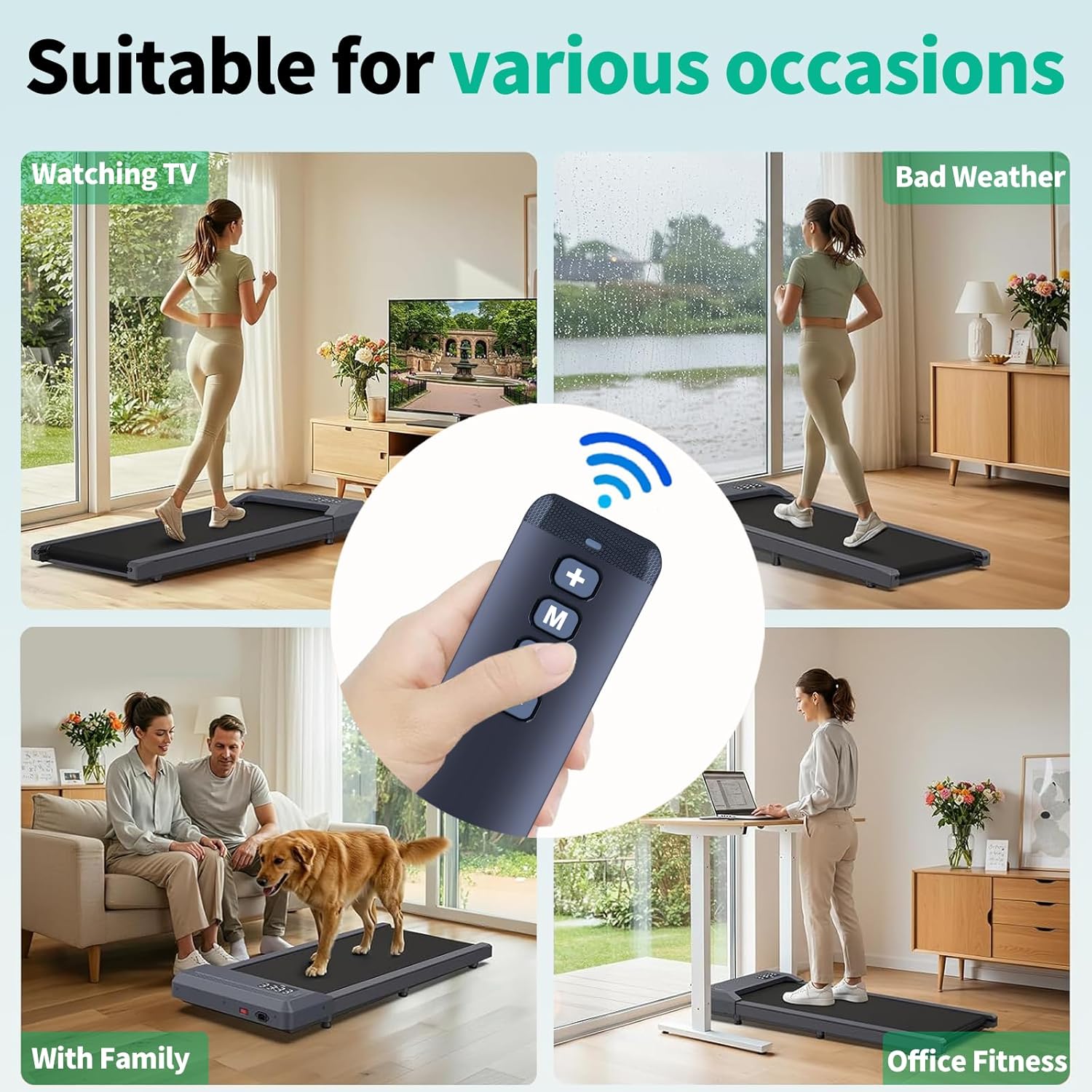 Image collage showing the remote being used in various settings: watching TV, bad weather, with family, and for office fitness.