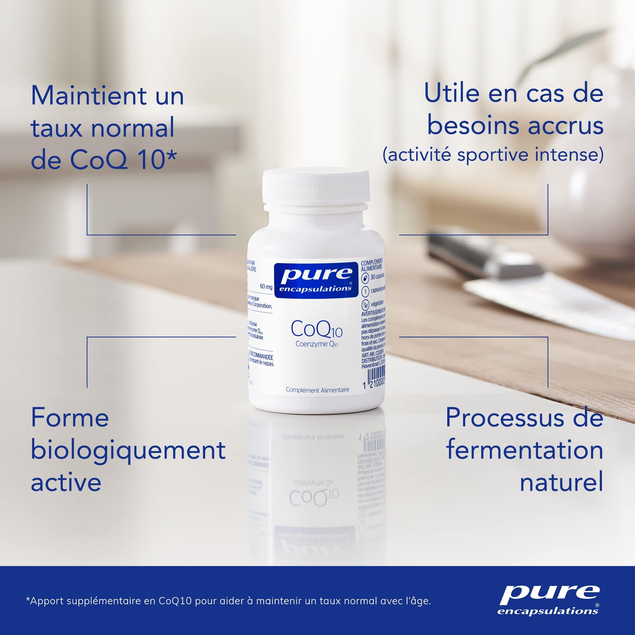 Pure Encapsulations - Coenzyme Q10 60mg - CoQ10 Biodisponible, Naturelle & Biologiquement Active - Obtenue par Fermentation - Haute Concentration - 30 Gélules Véganes