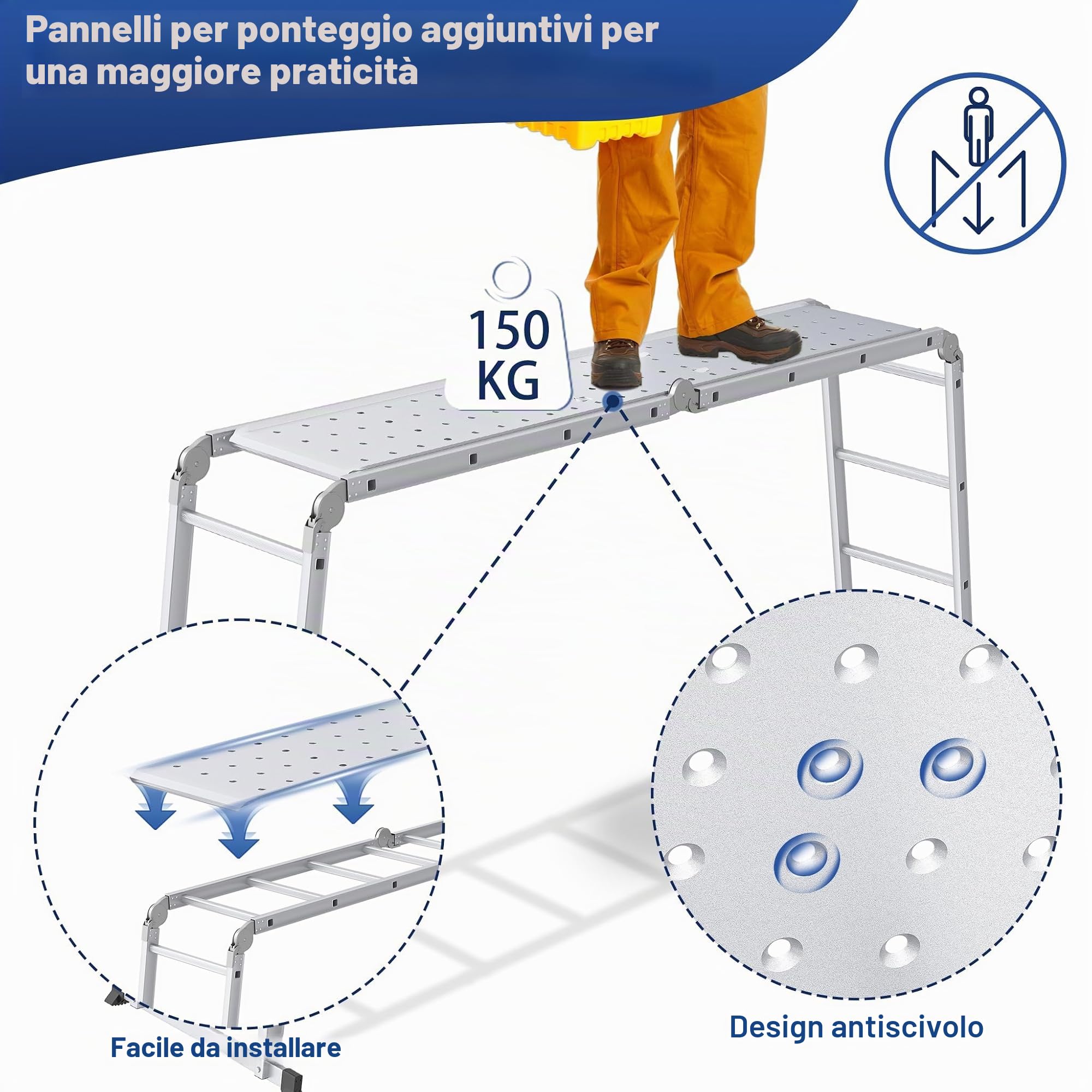 Froadp Scala multiuso 6 in 1, 3,4 m, pieghevole, multiuso in alluminio, con 2 ruote e piattaforma, multifunzione, portata fino a 150 kg