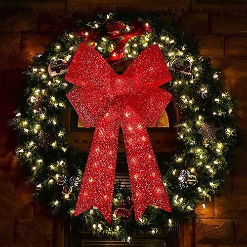 XMASLAND 32 pulgadas 72 LED parpadeantes rojos lazos de Navidad con luces LED, decoración de árbol de Navidad, corona de lazo para decoración de