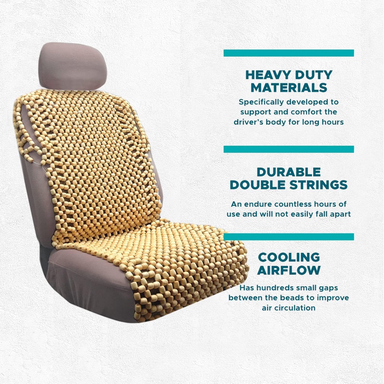 VaygWay Cuscino per sedile auto con perline in legno naturale resistente e doppio filo, cuscino di supporto massaggiante ventilato per auto, camion e sedie da ufficio