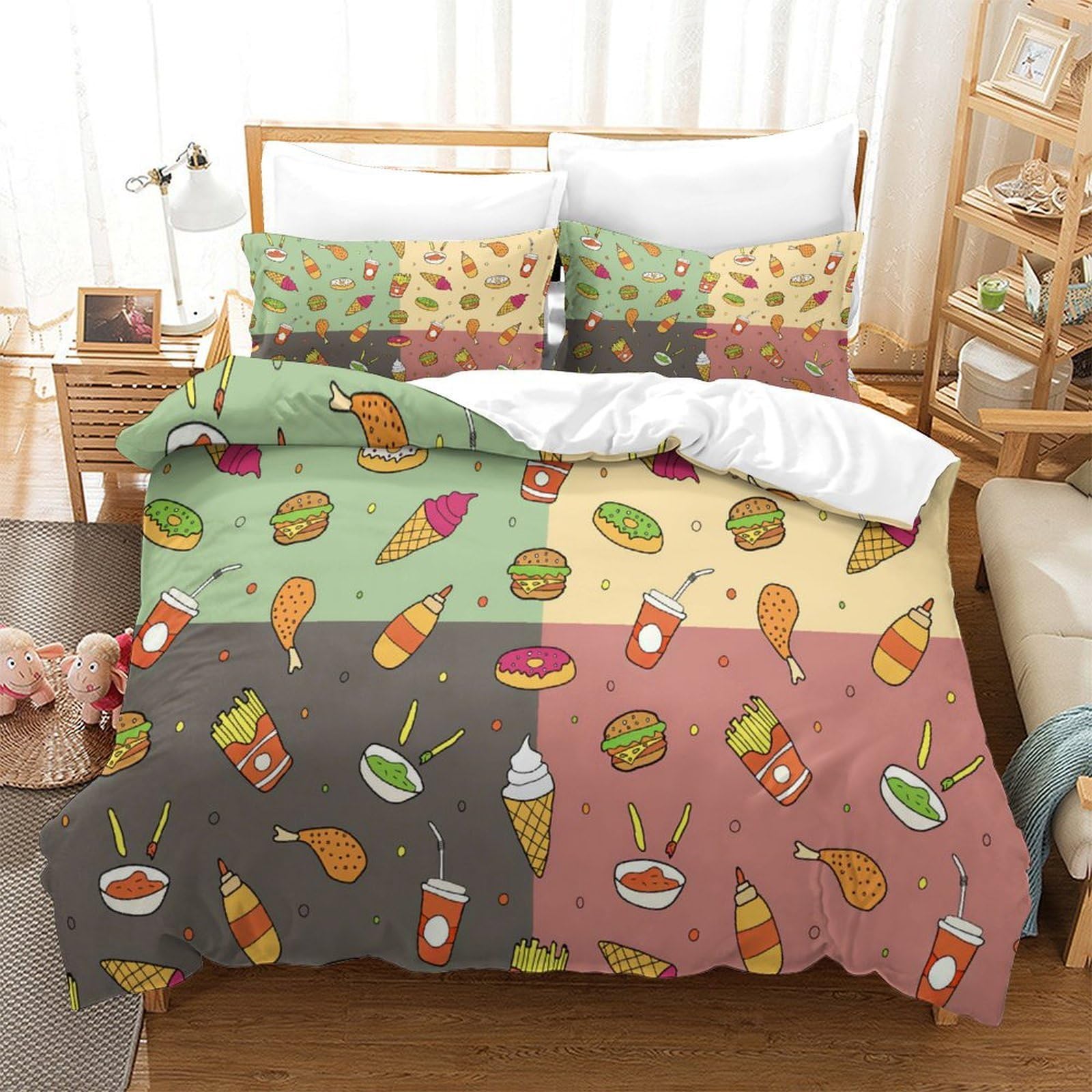 Juego de Funda Nórdica 3D Impresa Snacks Coloridos, Microfibra Suave Transpirable para Dormitorio Adultos Jóvenes Super King（260x220cm）