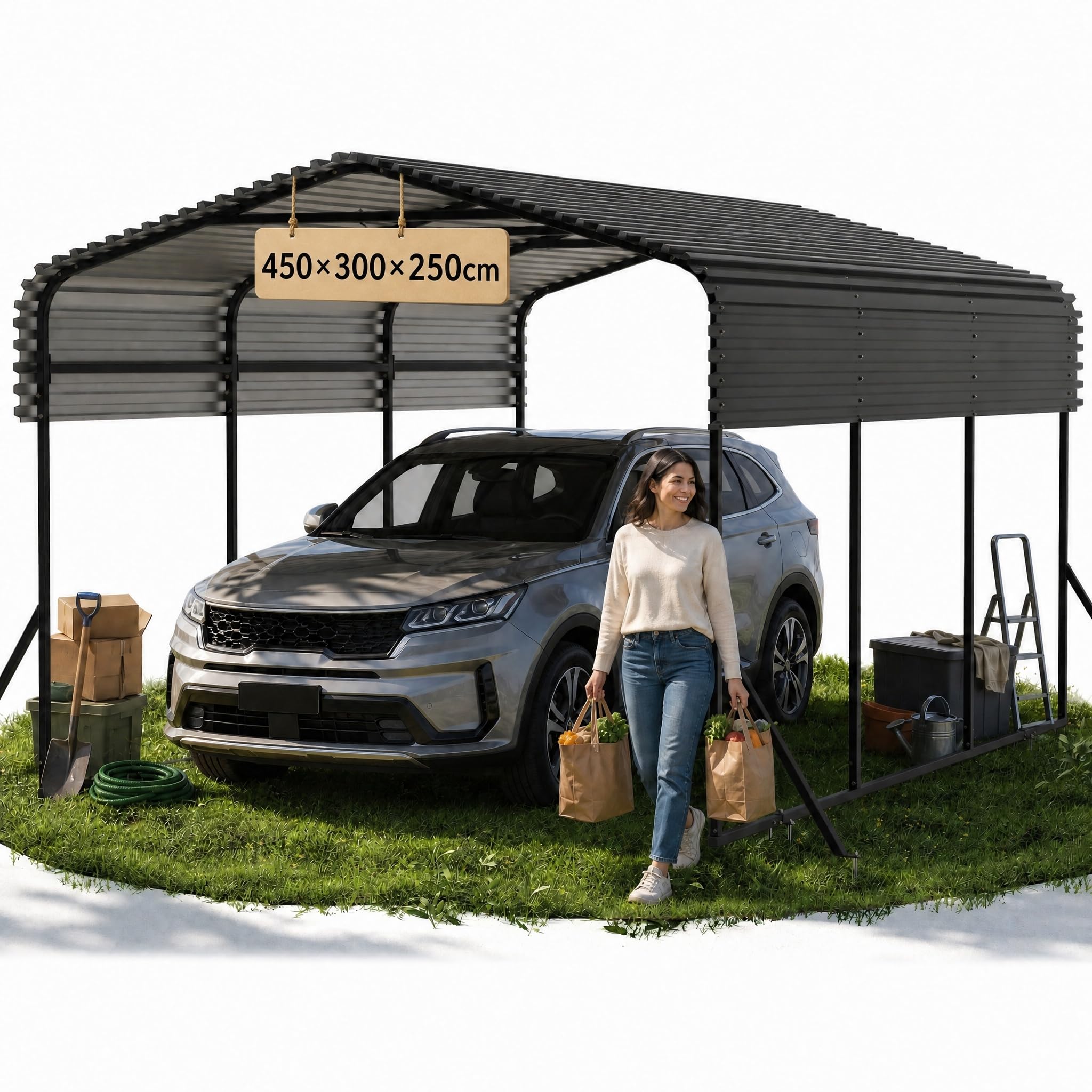 Carport 450×300×250 cm (10x15 FT), Robuste Zeltgarage Winterfest UV-beständig, Metall Auto-Unterstand Außengarage für PKW Boote Außenlagerung Schwarz