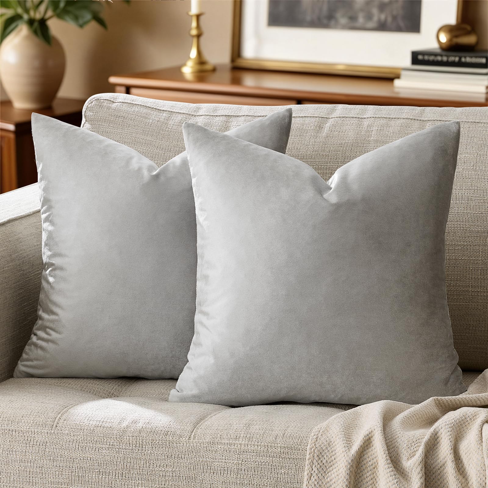 Silver Grey Velvet Pillow Covers 18x18 Pack of 2 Square Throw Pillow Covers Modern Decorative Pillows for Living Room Couch Luxury Small Pillow Cases