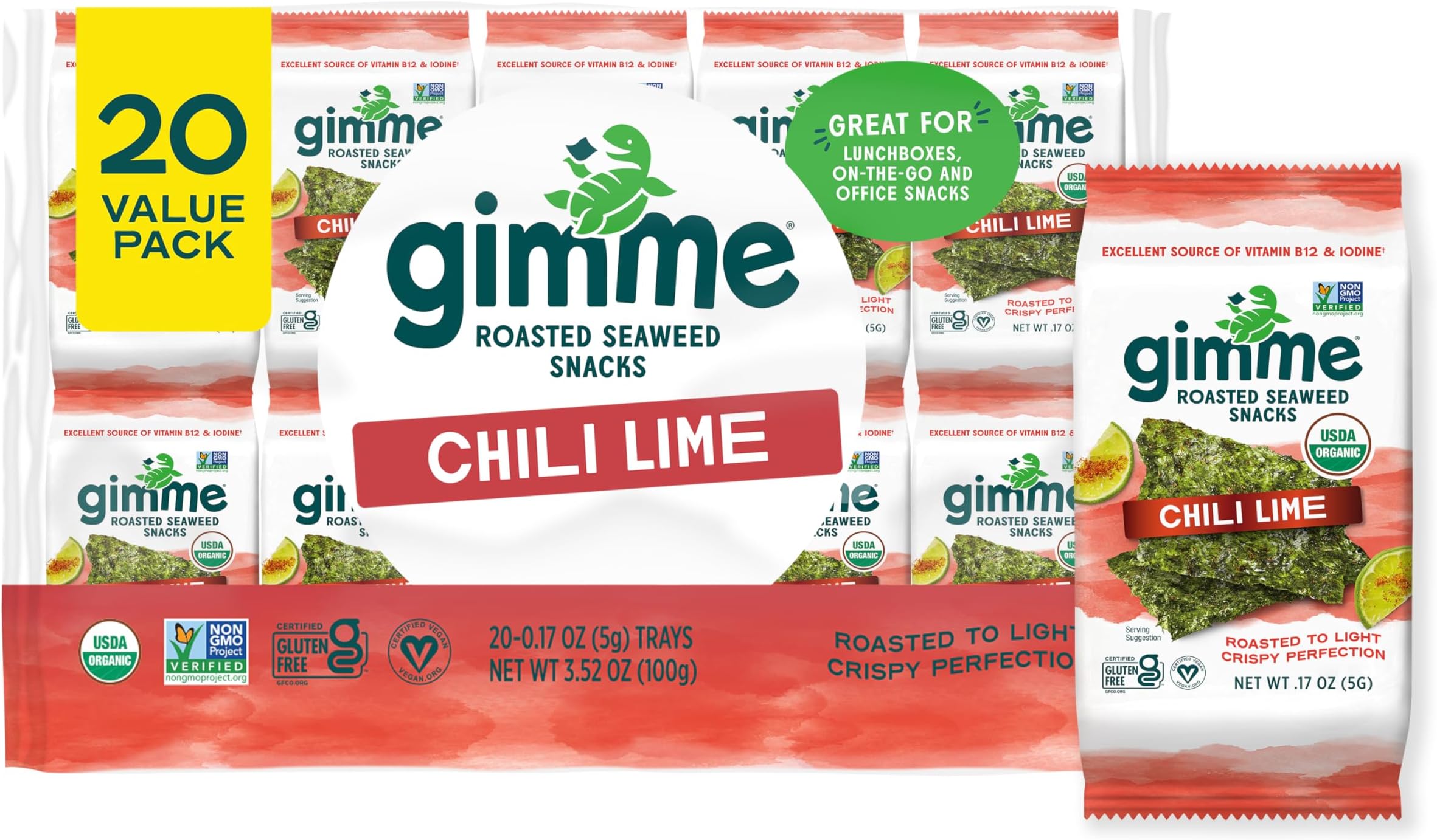 Gimme Seaweed Organic Premium Roasted Seaweed Snacks, Chili Lime, 20 Count, Keto, Vegan, Gluten-Free, Great Source of Omega3s and Iodine, Healthy On-The-Go Snack for Kids and Adults