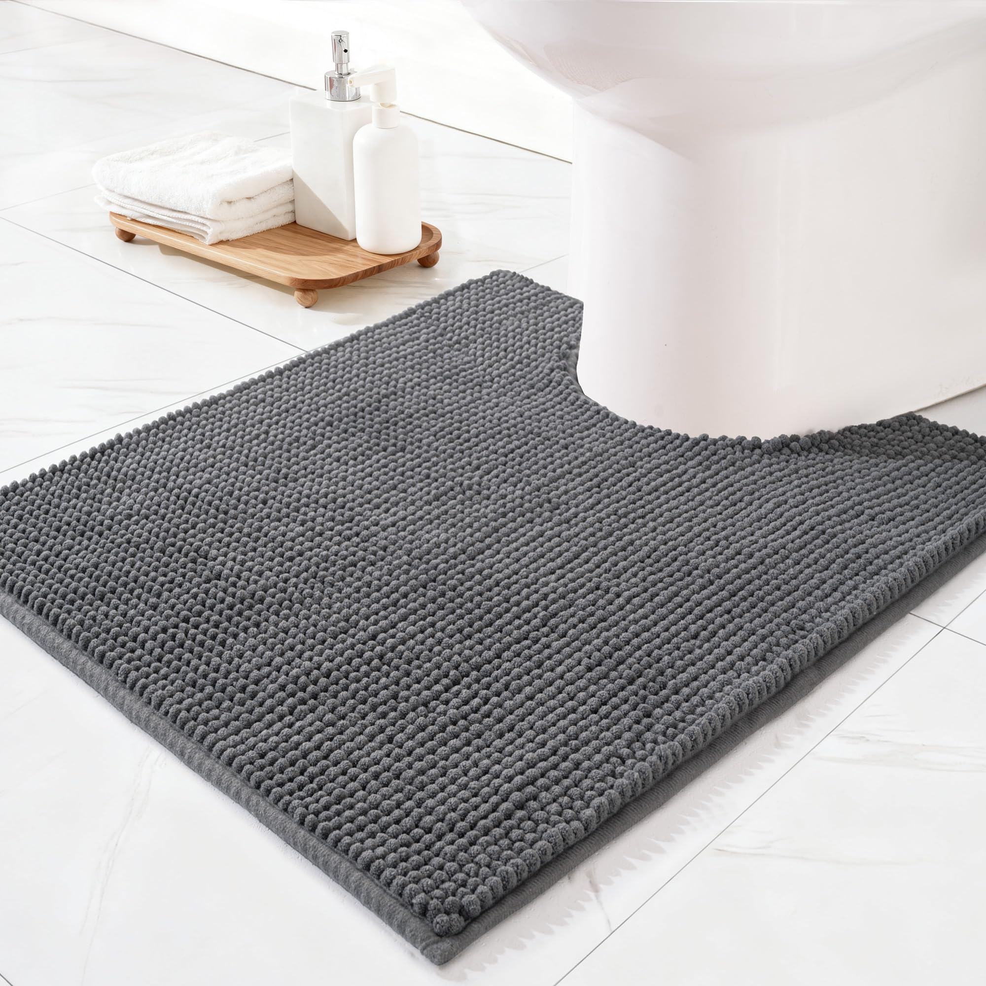Exclusivo Mezcla Chenille Toilet Mat U-Shaped 50 x 60 cm, Extra Soft Non-Slip Absorbent Toilet Mat, Machine Washable Quick Dry Bath Rugs for Toilet Floor, Grey
