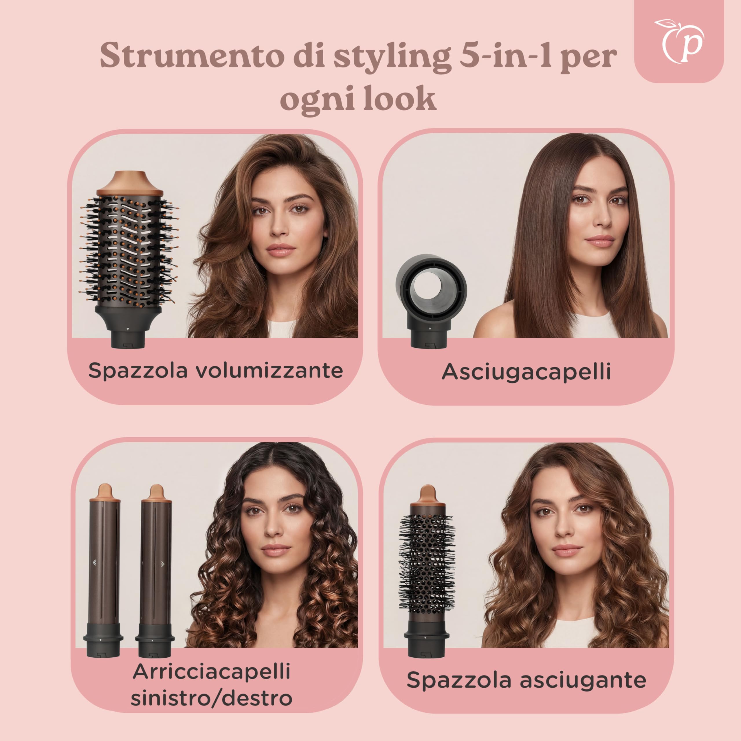 Hair Styler 5 in 1 | Tubo Dell'aria Calda | Pennello per Volume | Pennello Tondo | Ferro Arricciacapelli | Asciugacapelli | 110.000 giri al minute | 1400 W