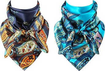 GERINLY Mens Wild Rag 2 Pack, Western Scarves Cowboy, Silk Feel Paisley Bandana Square 35 Inch