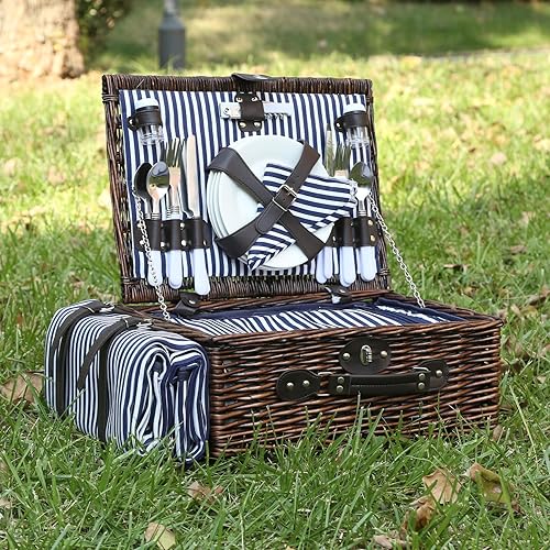 Miniatura 7 de Cesta de picnic de mimbre para 4 personas con manta de picnic impermeable y enfriador aislante, cesta de sauce para camping, al aire libre, sesión