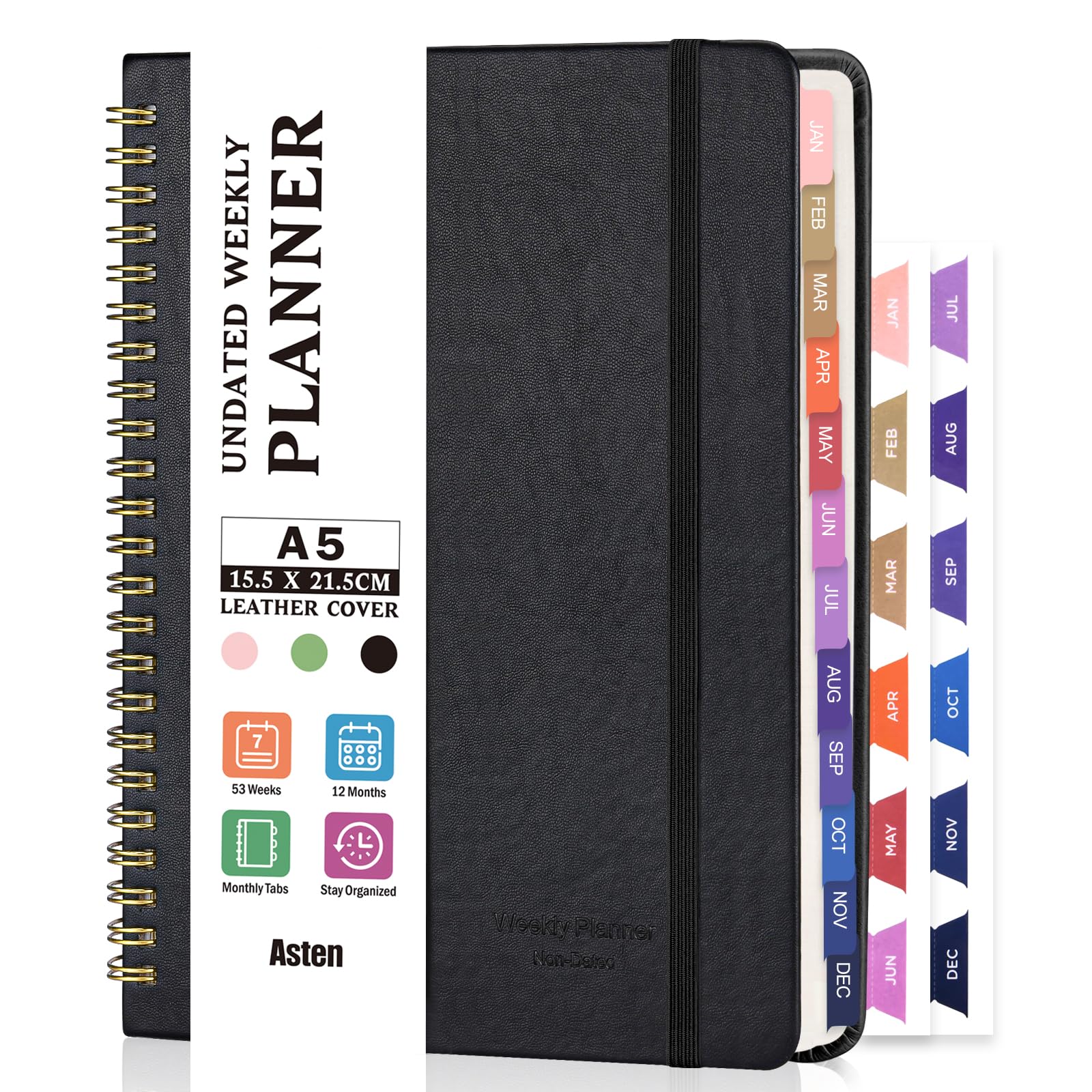 Weekly Planner, Undated Planner Notebook, Leather Work Planners, To Do List Notebook, Weekly & Monthly Diary with 24 Monthly Self-Adhesive Tab, 53 Week Planners for Men Student 14.5x21cm,Black