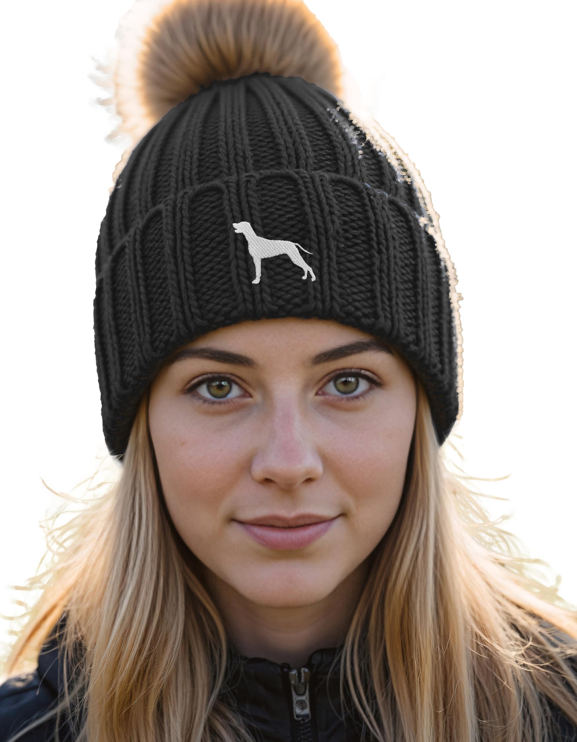 The House Of Dog Unisex Black The House Of Dog: Weimaraner Owner Gift. Faux Fur Pom Pom Chunky Knit Super Soft Embroidered Beanie Hat