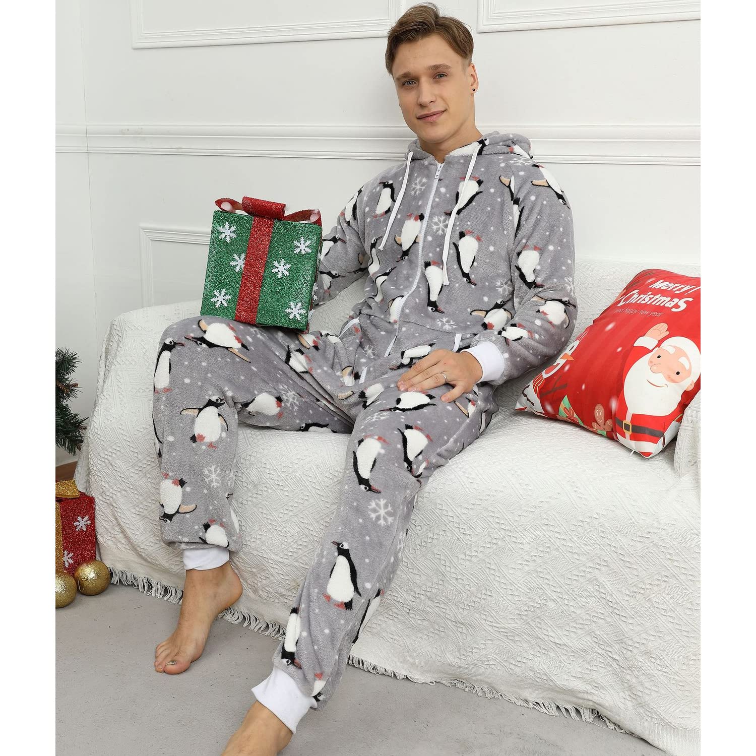 Pijama Navidad Una Pieza Hombre Franela Pijamas Mono Entero con Capucha Manga Larga Invierno Calentito Jumpsuit Adulto Onesie Ropa de Casa Dormir