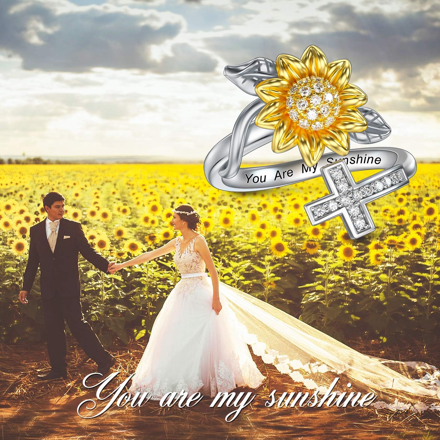 LONAGO Sunflower Cross Ring 925 Sterling Silver You Are My Sunshine Adjustable Size Ring Religious Crucifix Jewelry Gift for Women - Image 5