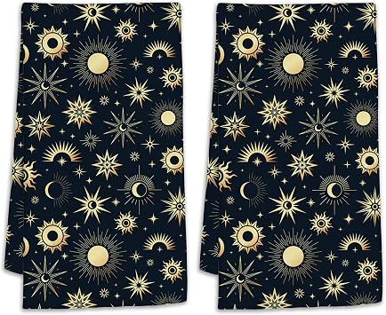 Magic Gold Sun Moon Stars Bath Hand Towels for Bathroom Decorative,Mystical Esoteric Soft Absorbent Hand Towels for Kitchen Home Gym Beach 16"x24"