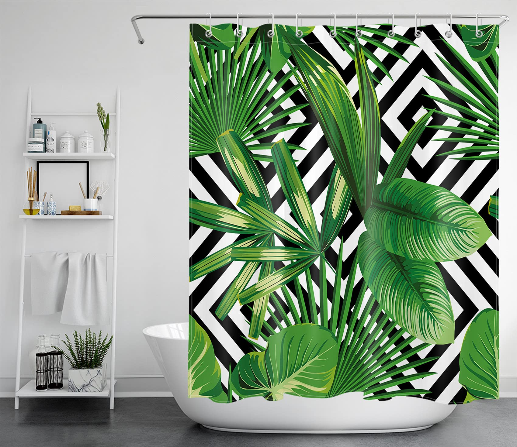 LB Palm Leaf Shower Curtain Green Black White Polyester Anti Mould Waterproof Bathroom Curtains with Hooks,47x69 inches โ image 1