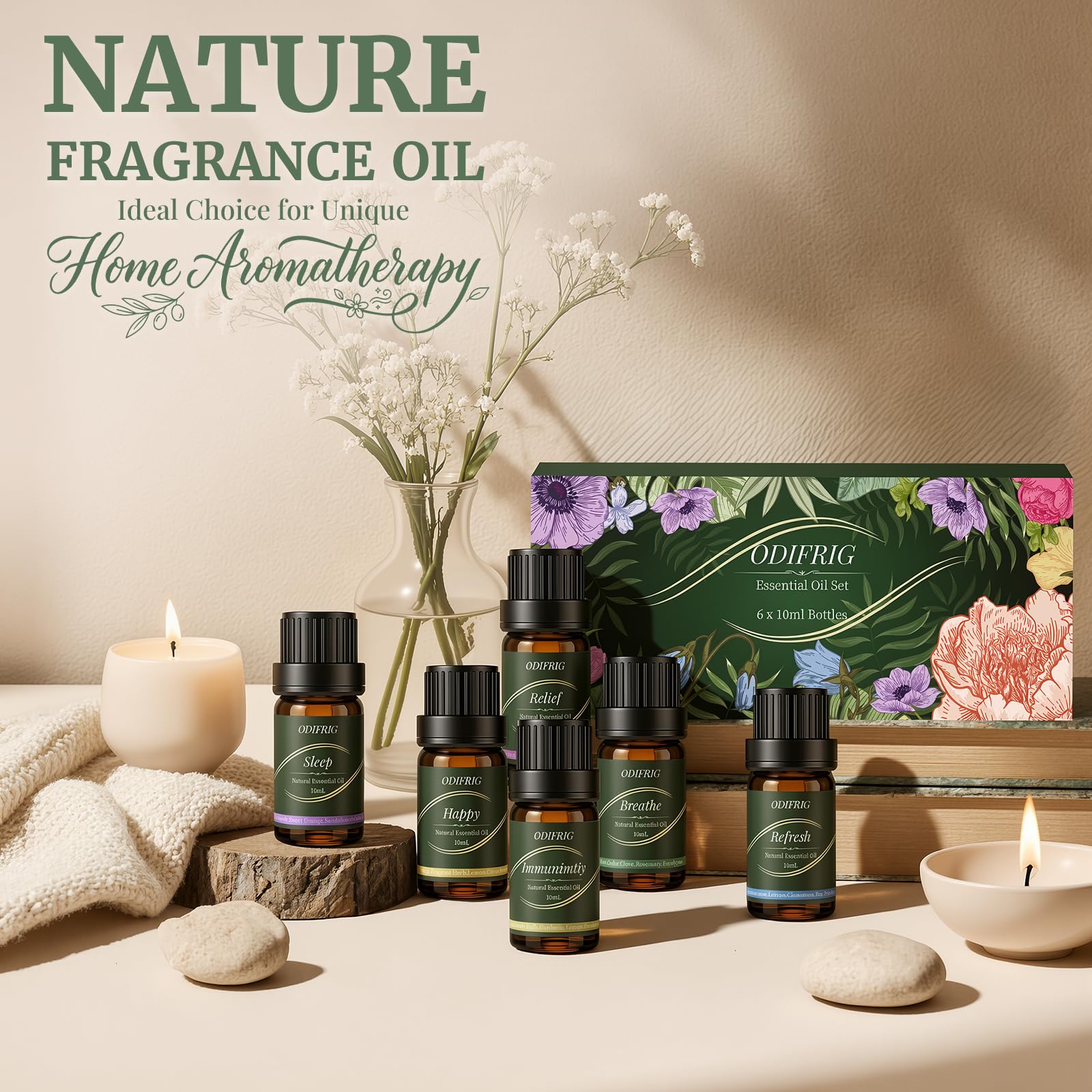 Oli Essenziali per Diffusore 6x10ml,Set Oli Essenziali Naturali per Aromaterapia Relax, Sonno,Anti Stress e Benessere,Spa Casa, Umidificatore - Refresh,Relief,Sleep,Breathe,Immunity & Happy