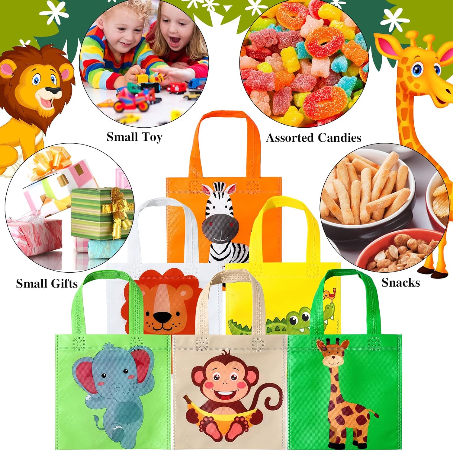 Tallew 24 Pack Safari Favor Bags with Handle Non Woven Jungle Animal Treat Goody Bags Lion Tiger Elephant Monkey Crocodile Giraffe Safari Birthday for Kids Party Baby Shower Decorations Supplies - Image 5