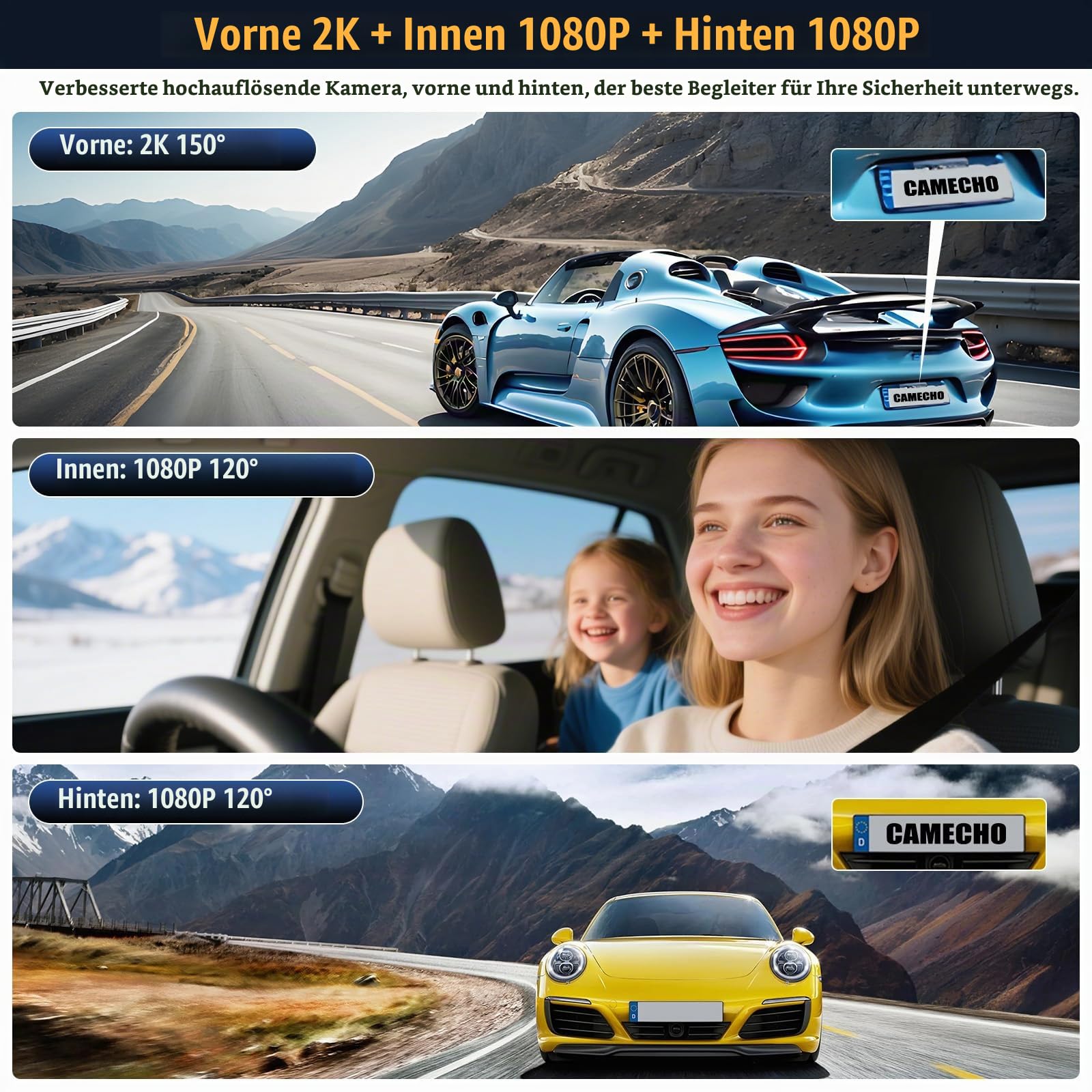 CAMECHO 2K Rückspiegel 9,66 Zoll Mirror Dash CAM Auto mit 2 Kameras 1080P, Vorne 150° und Hinten Dashcam 120° mit Rückfahrkamera, Nachtsicht, G-Sensor, 64 GB Speicherkarte, WLAN-App