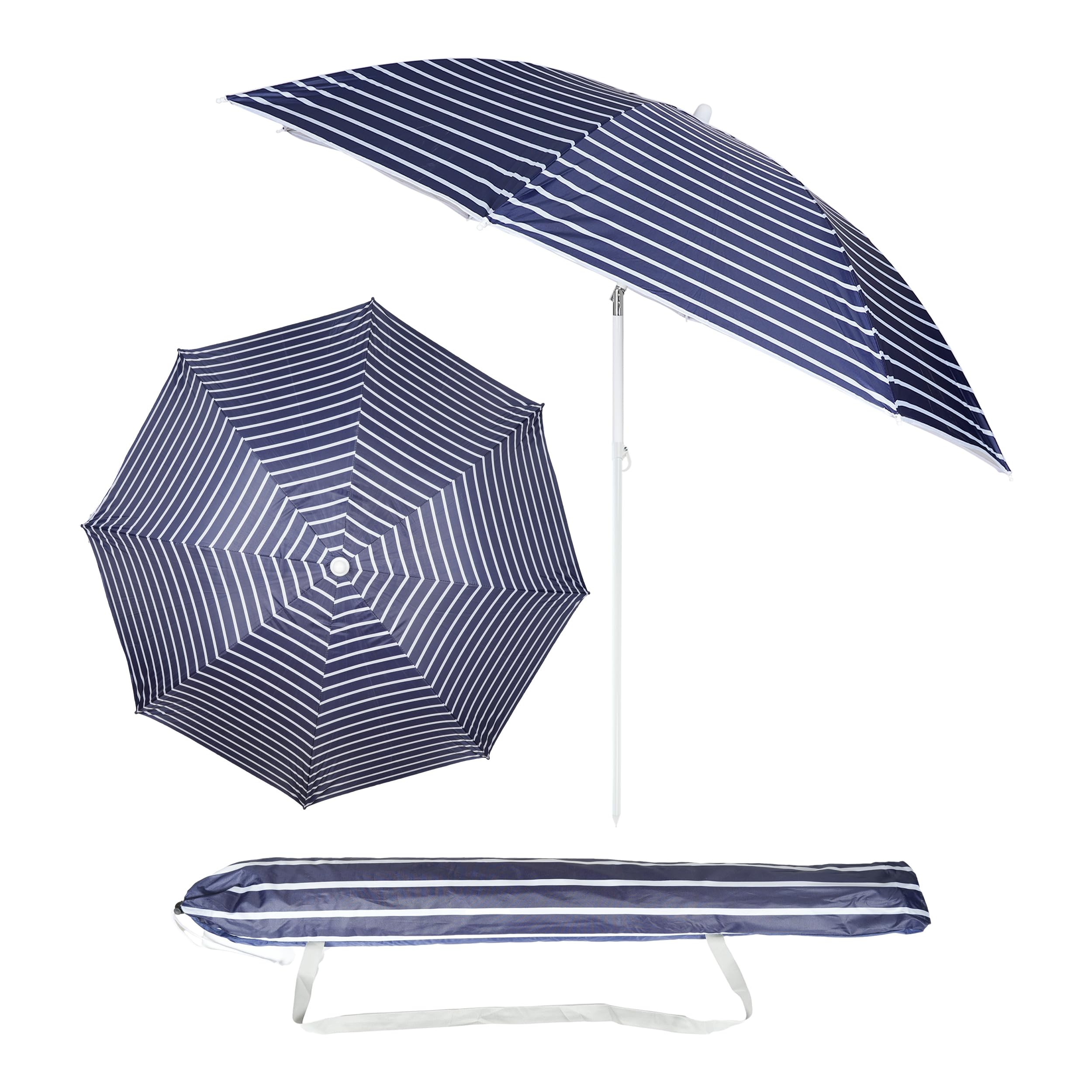 H HANSEL HOME Sombrilla de Playa, Inclinable, Tubo Acero,Varillas de Fibra de Vidrio, Protección Solar UPF+50, 180cm, Azul Raya, sin Soporte de Tornillo