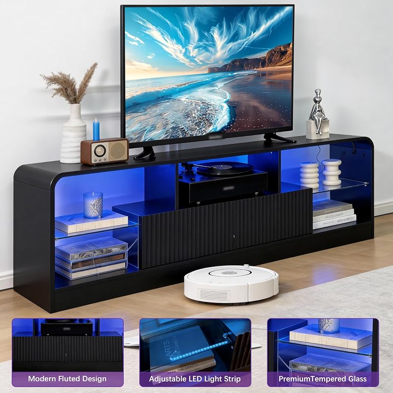 Wodeer 63' Mid Century Modern TV Stand for 55 60 65 70 Inch TVs, Fluted TV Stands for Living Room with LED Lights, Entertainment Center with 2 Large Drawers & Glass Shelves, Black image 6