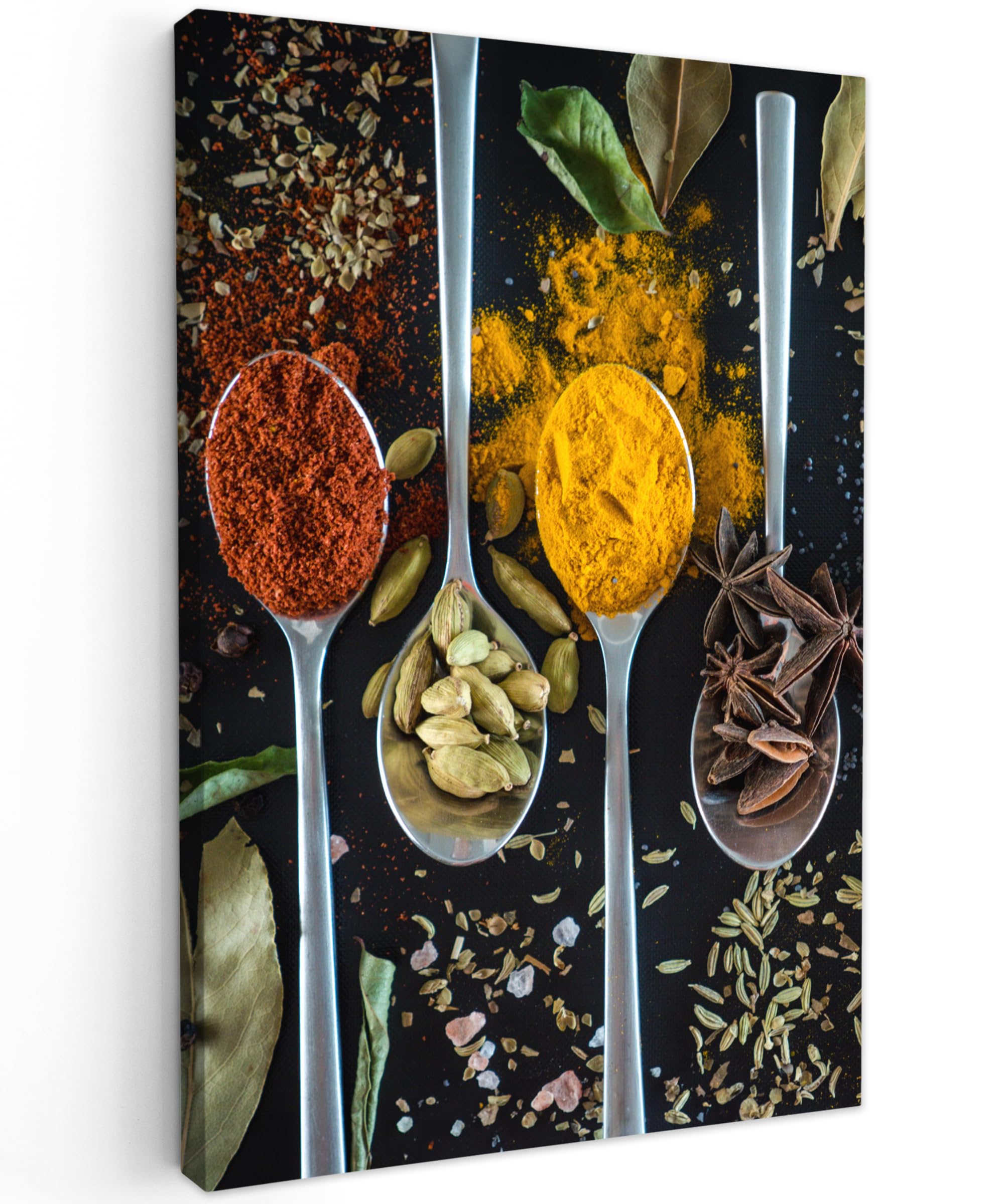 MuchoWow© Canvas Wall Art Work 16"x24" / 40x60 cm House Decoration for Living Room Home Decor Pictures Walls Herbs - Spoon - Spices - Black - Kitchen — image 1