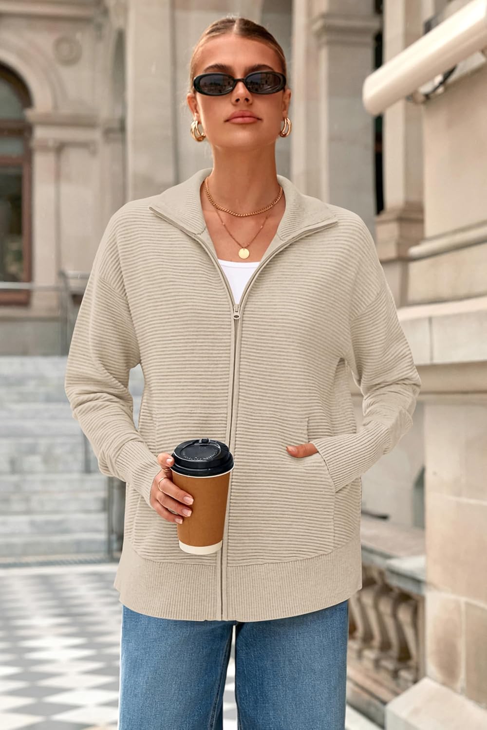 PRETTYGARDEN Womens Fall 2025 Long Sleeve Zip Up Cardigan Sweaters Casual Loose Collared Ribbed Knit Tops Jackets Thumb Hole - Image 7