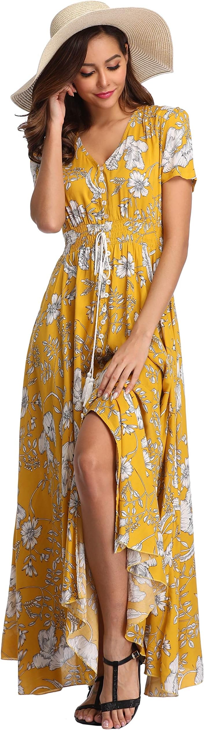 Women's Floral Maxi Dresses Boho Button Up Split Summer Casual Long Dress Beach Party Dress