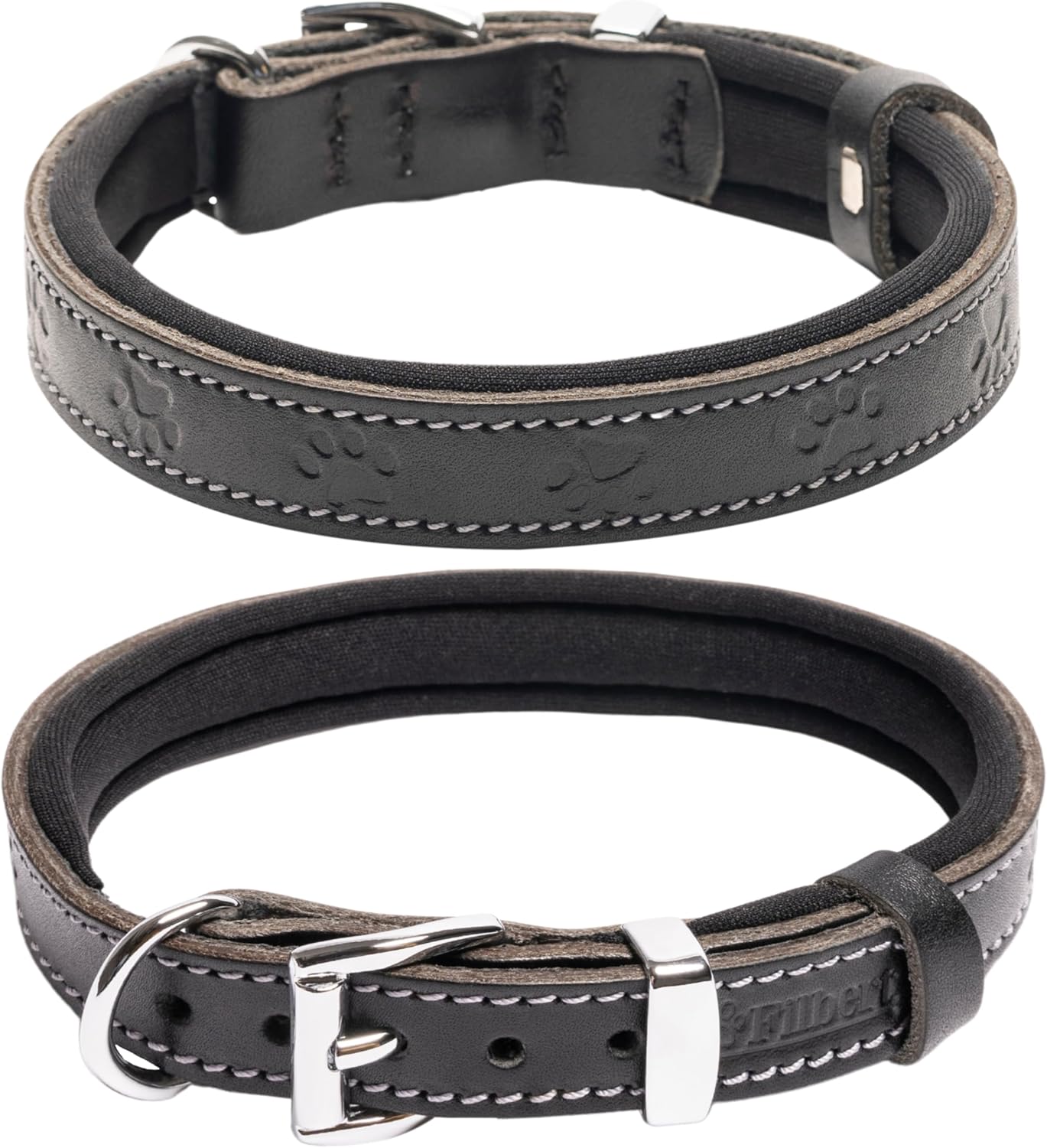 Filbert Leather Dog Collar, Genuine Leather Collar for Small Dogs, Pawprint Embossed with Buckle, Top-Notch Quality Vegetable-Tanned Full Grain, Strong, Adjustable, Heavy Metal Buckle, Black