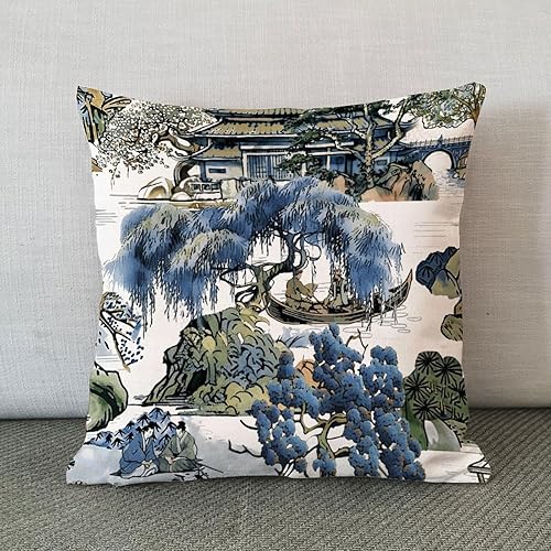 Miniatura 3 de Almohada escénica asiática en azul y verde Kelly, decoración lumbar, cojín chinoiserie, funda de almohada rústica, decoración del hogar para sofá,