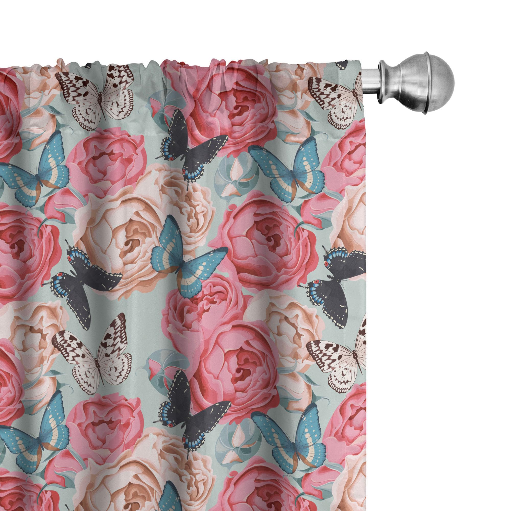 Ambesonne Butterfly 2 Panel Curtain Set, Peony Roses Butterflies Romantic Graphic Print Retro Style Floral Design Print, Window Treatment Living Room
