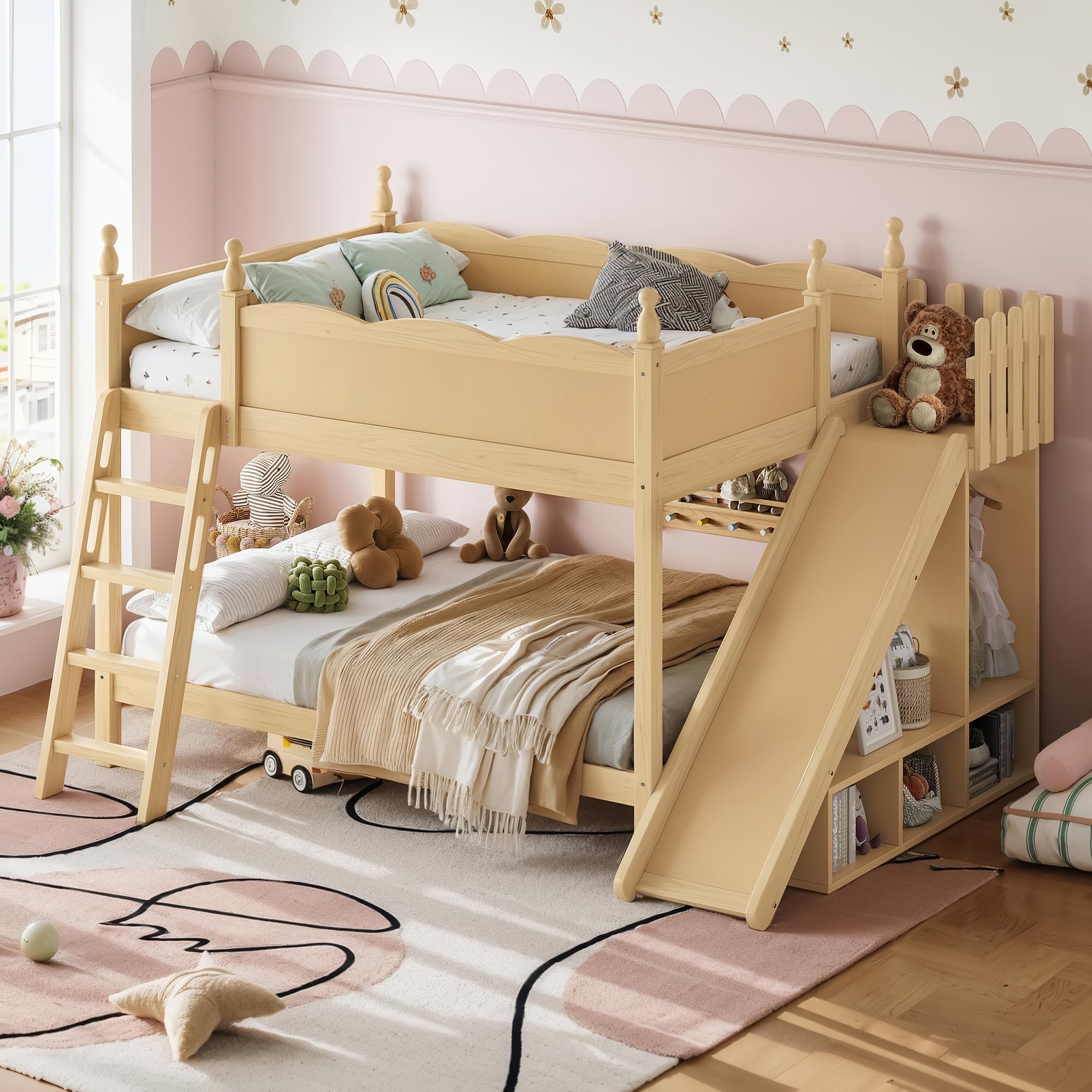 Bellemave Bunk beds Full Over Full with Slide and Stair, Low bunk/loft Bed for Kids，Natural