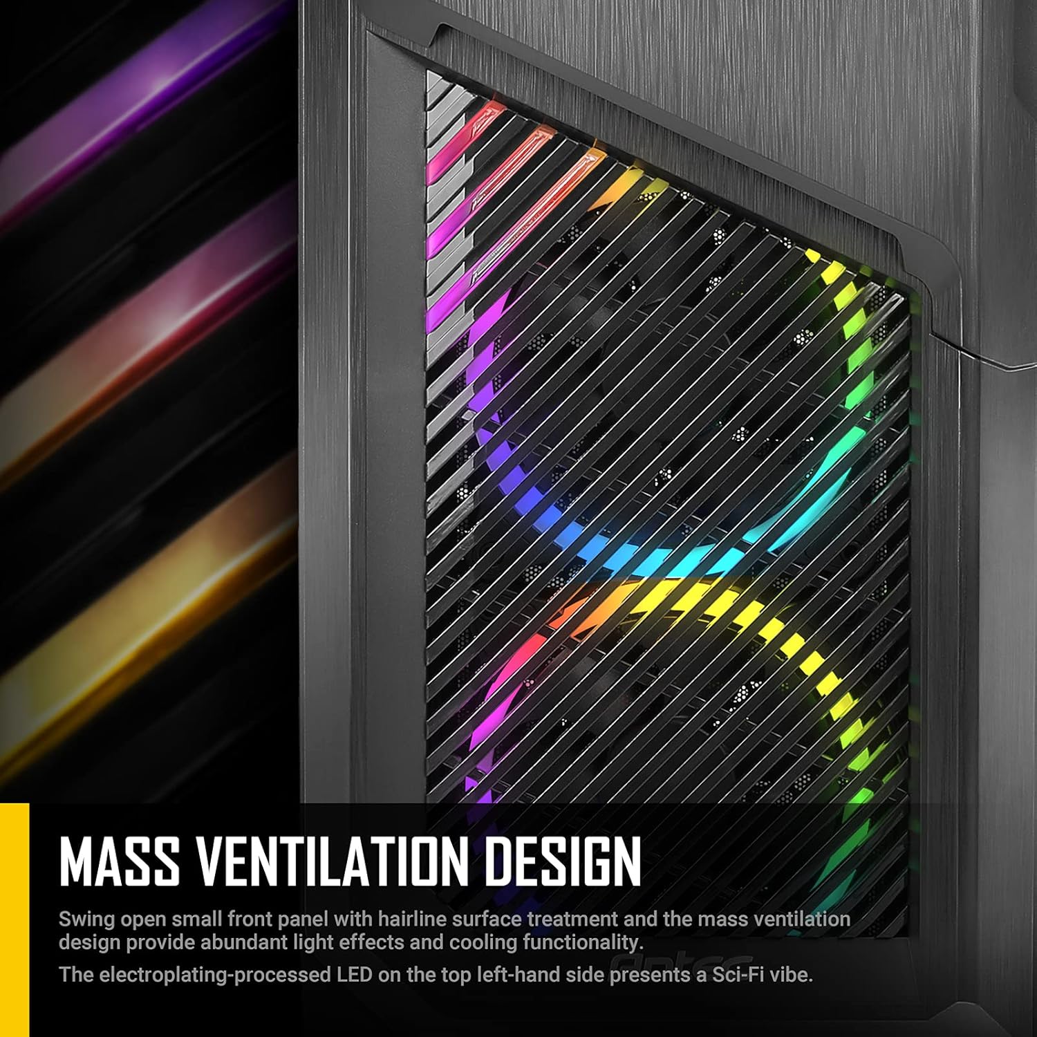 Antec Dark Phantom DP502 FLUX, Mid Tower ATX Gaming Case, Tempered Glass Side Panel, Swing Open Front Panel & LED Strips, F-LUX Platform, 3 x 120 mm ARGB, 1 x 120 mm Reverse & 1 x 120 mm Fans Included