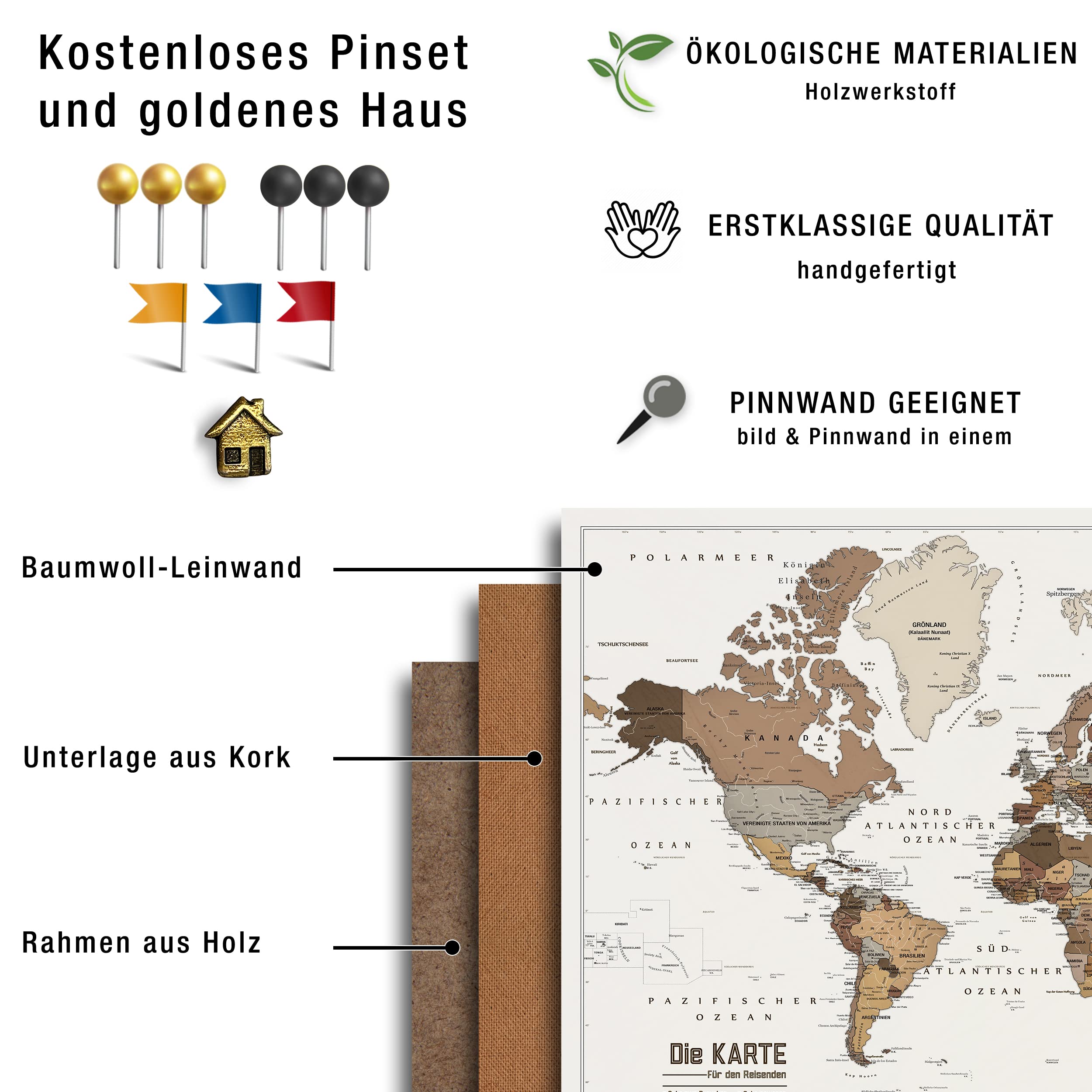 Płócienna mapa świata z korkiem do przypinania celów podróżnych, dekoracja ścienna do każdego pomieszczenia, wysokiej jakości obrazy na płótnie z mapą świata w różnych rozmiarach (60 x 40 cm, wzór 5)