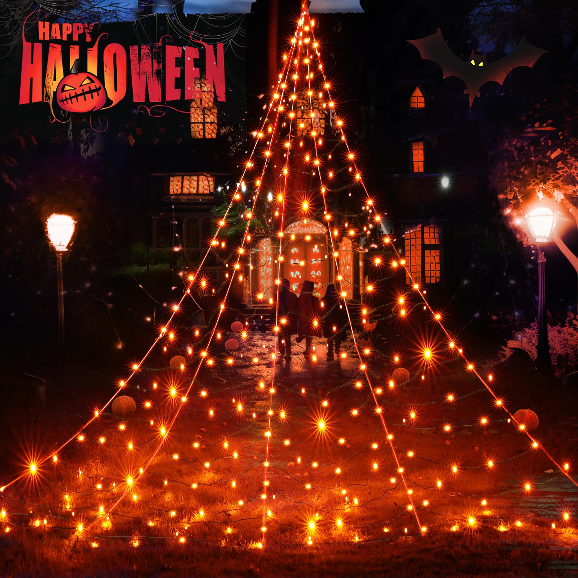 BlcTec Halloween Giant Spider Web Lights, 19.7ft x 14.7ft Lighted White Spider Web with 250 LED, Sturdy Wire Halloween Web Lights with Waterproof, 8 Modes for Yard Porch Haunted House Décor (Orange)