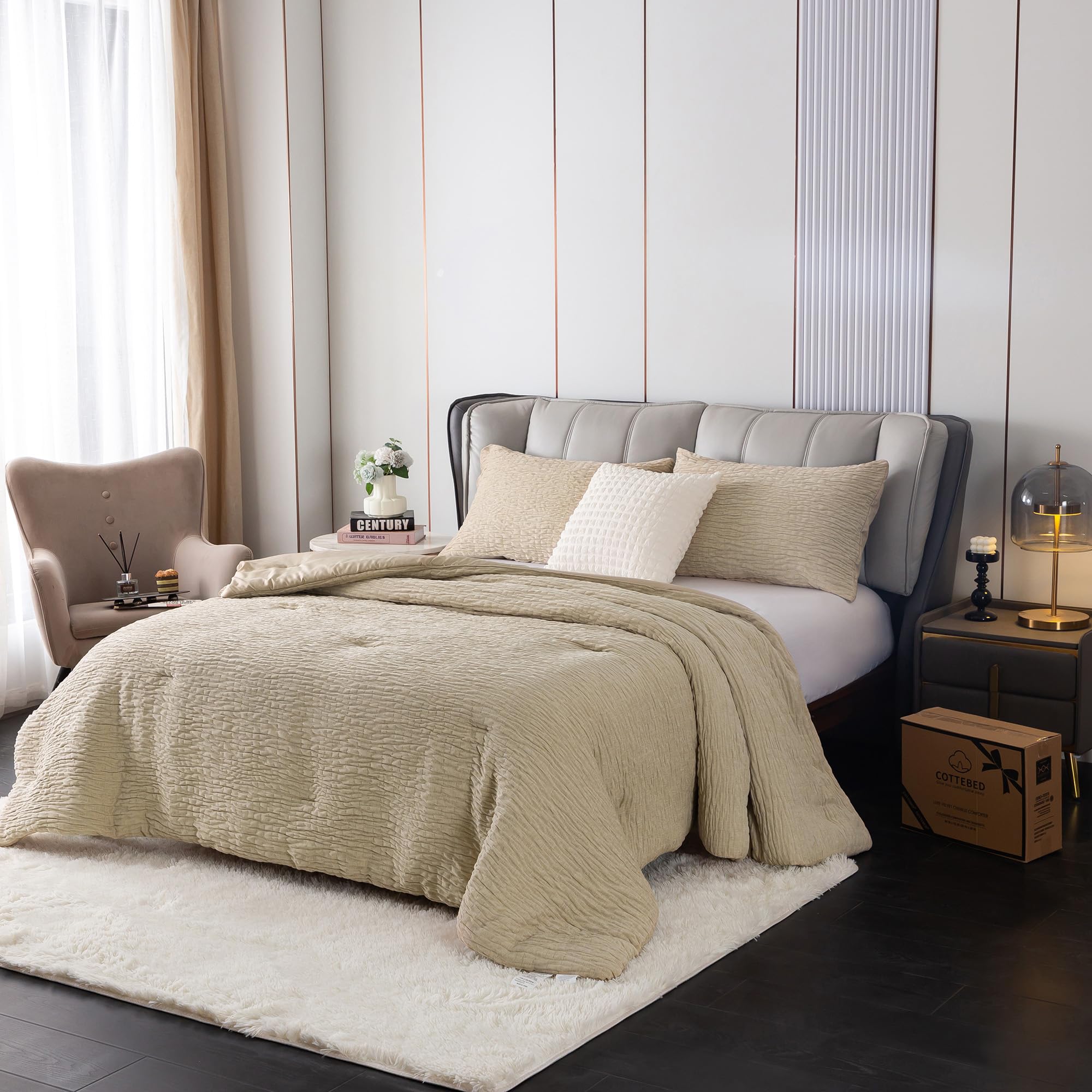 COTTEBED Luxury Reversible Comforter Sets King Size Bed, Textured Chenille Cotton Stripe Bedding Down Comforter, Lightweight All Season, 1 Conforter & 2 Pillowsham(Champagne Gold,King/Cal King)