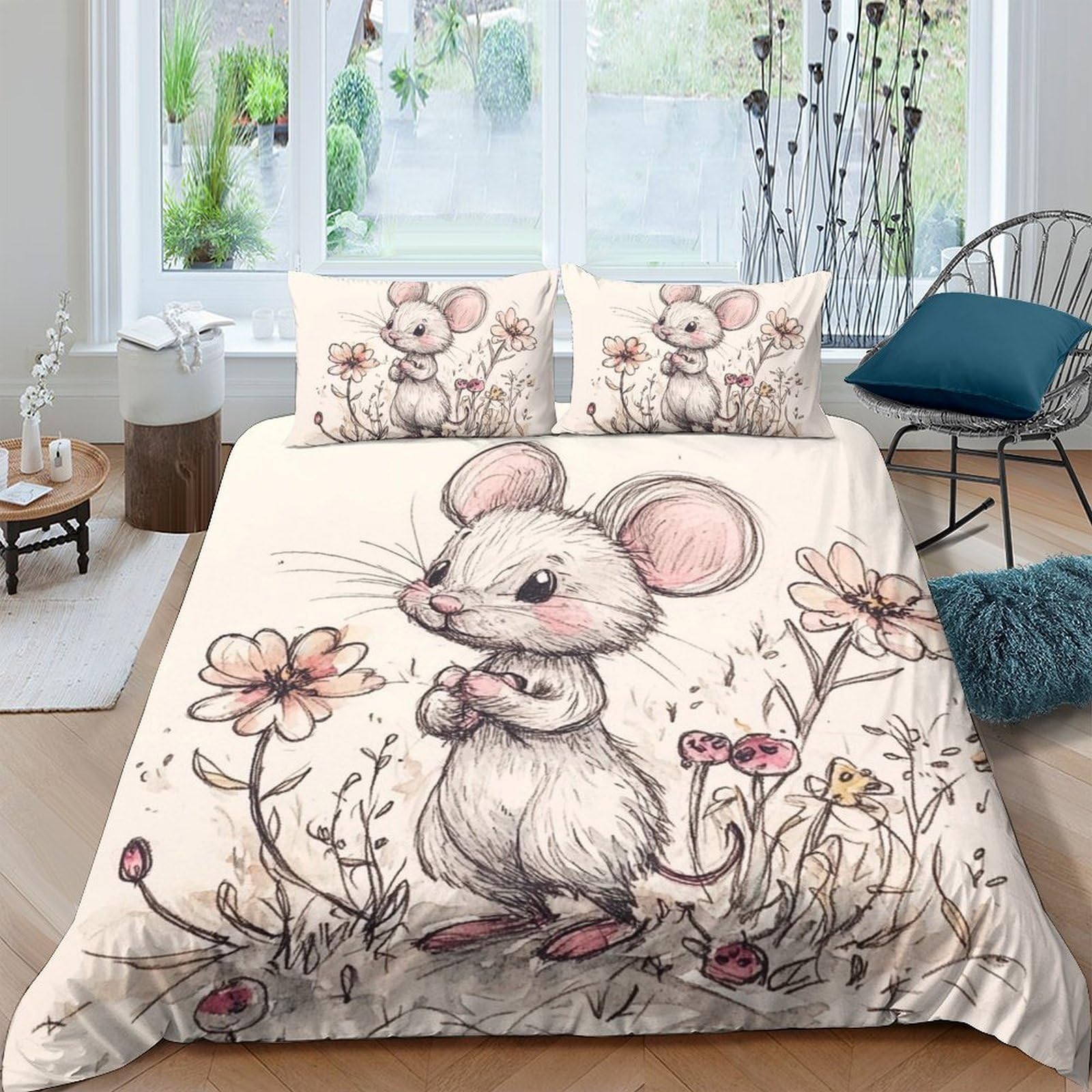 Ctjqhvkz Style-4 3D Printed Cute Mouse Fitted Sheet Microfiber Cartoon Floral Bed Sheet, Anti-Slip, Easy Care, Bedroom Guest Room Decor Single（135X200cm）