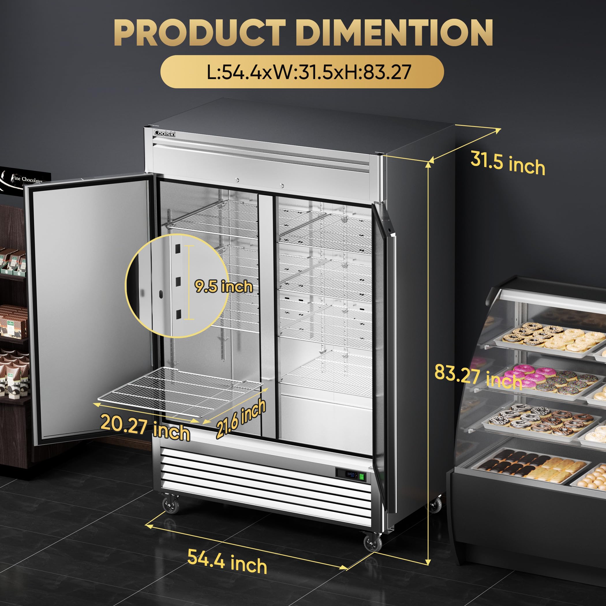 Coolski 54"W Commercial Freezer, -13℉ ~-5℉, 49 Cu.Ft 2 Door Reach-In Stainless Steel Upright Freezer for Restaurant, Cafe, Shop, Business, 8 Adjustable Shelves on Fridge.com