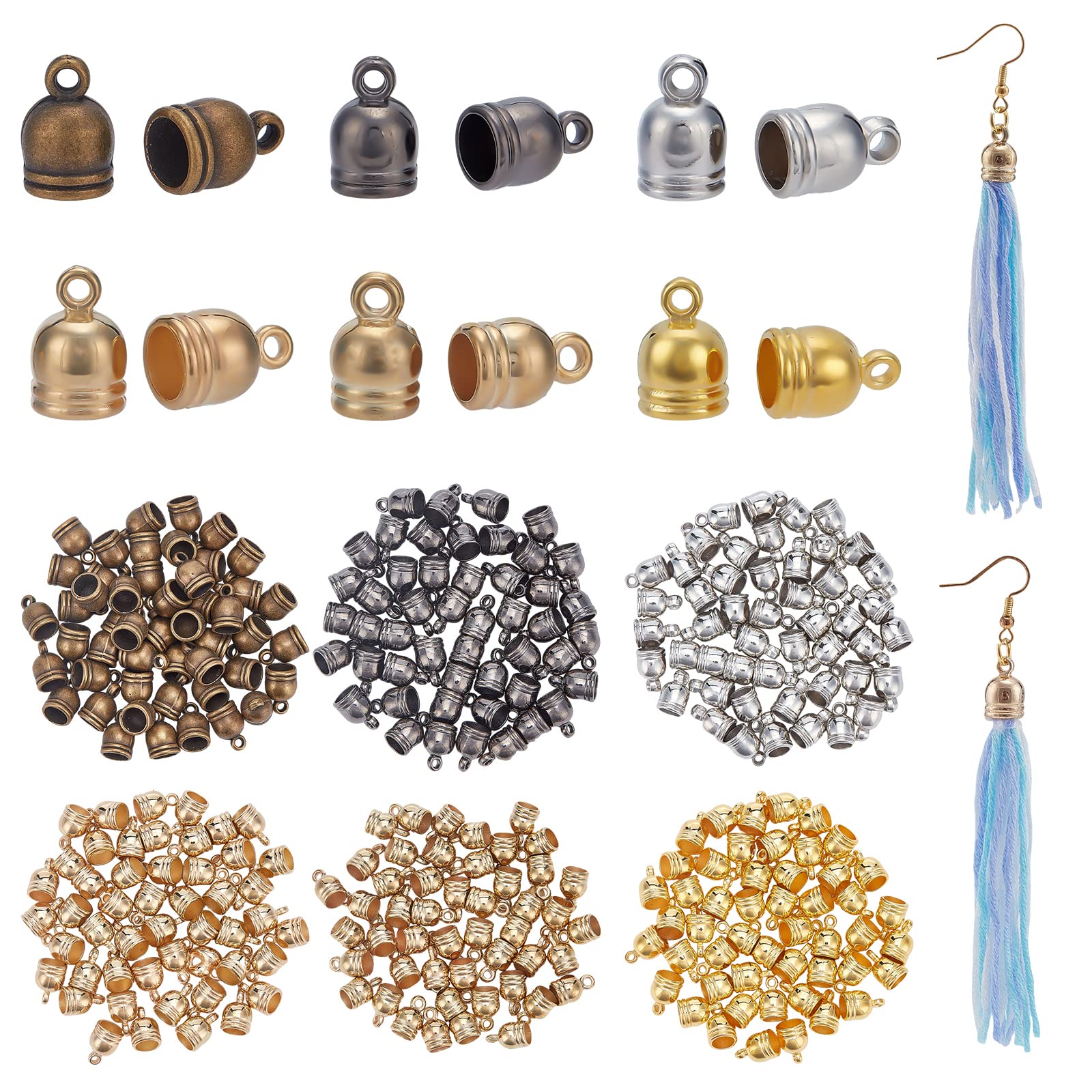 PH PandaHall 300pcs Cord End Cap 6 Style Plastic Tassel Caps Round Glue-in End Caps End Tip with Loop Ring Barrel Loop Kumihimo End Cap for DIY Tassel Earring Choker Bracelet Necklace Bag, 6/6.5mm ID