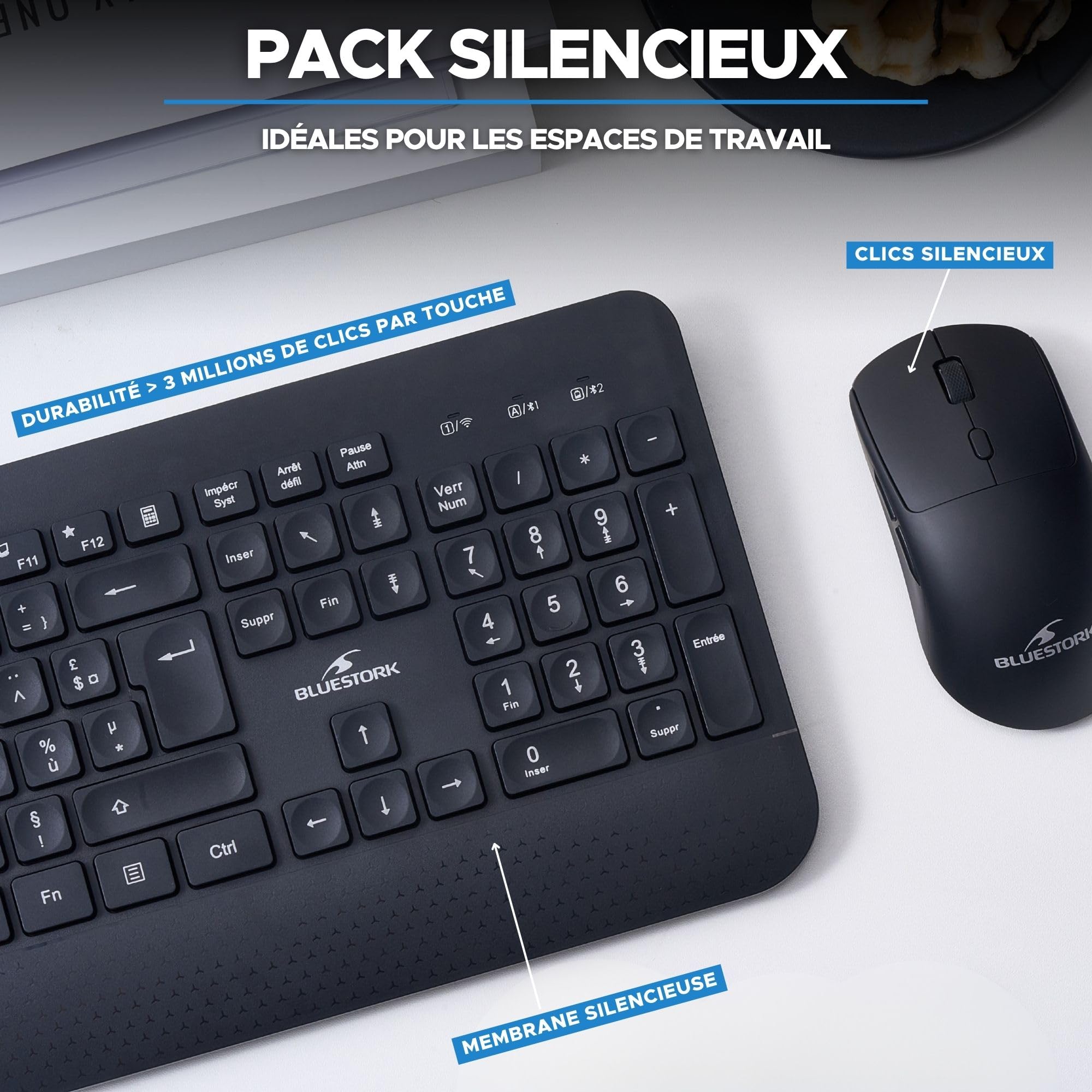 Bluestork Pack Office R2 - Clavier & Souris sans Fil Rechargeable | AZERTY FR, Sans Fil Double Connexion Bluetooth & 2.4GHz, Clavier Rechargeable + Souris Légère, 120H Autonomie