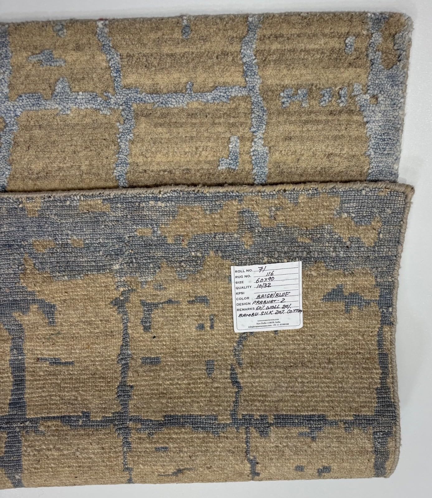 R116 Tapis design noué à la main - En laine de bambou - Beige et bleu - Brillant soyeux - 60 x 90 cm