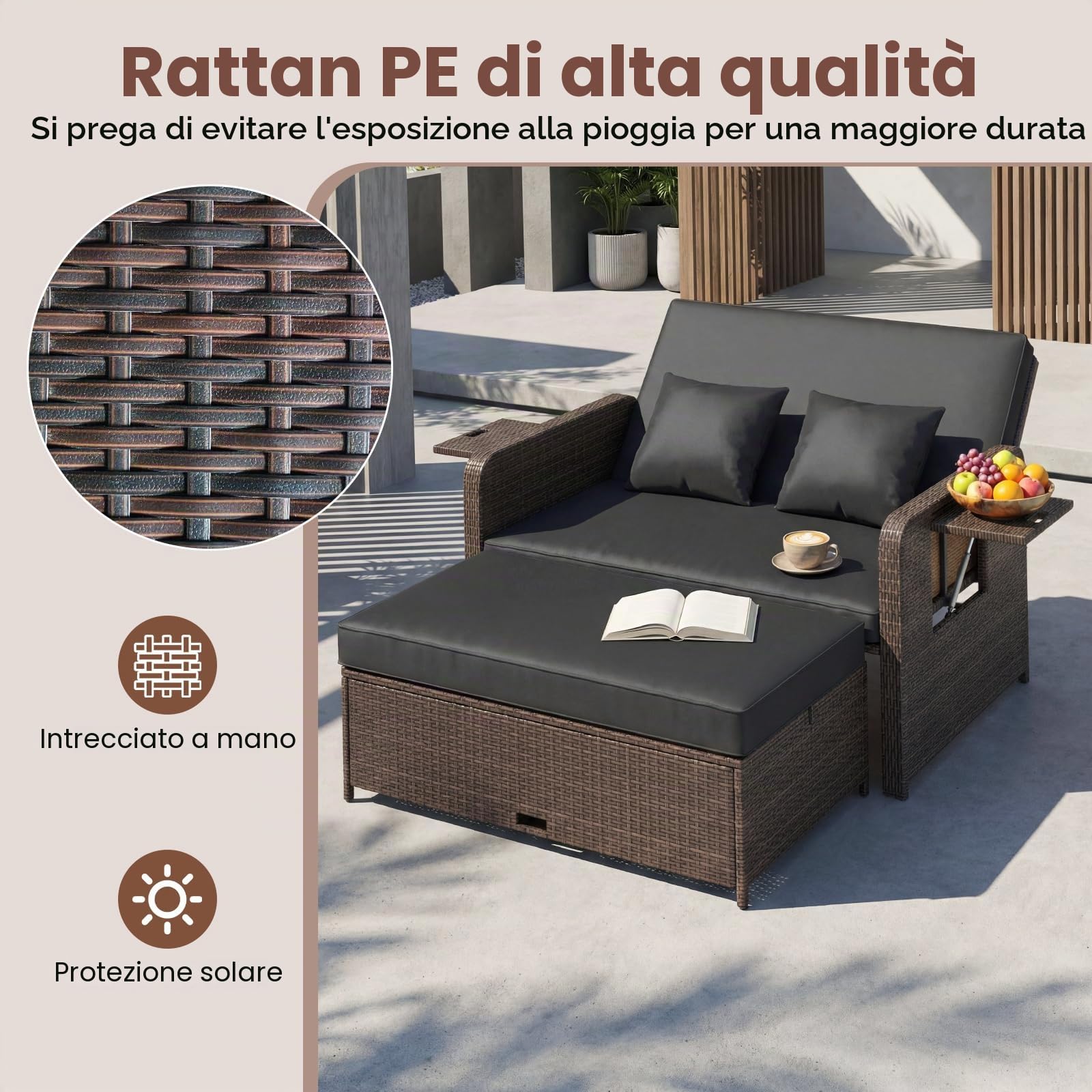 GIANTEX Divano da Giardino in Rattan con Poggiapiedi, Doppio Divano da Esterno con Schienale Regolabile, Mobili da Giardino per Terrazza, Balcone, Cortile | Design 3 in 1