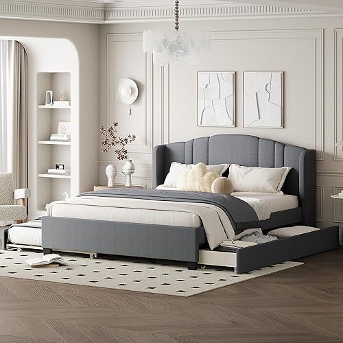 Miniatura 21 de Elegante cama con plataforma tapizada de terciopelo de tamaño Queen con cabecero, para niños, niñas y adolescentes (beige @cabecero/, Queen)